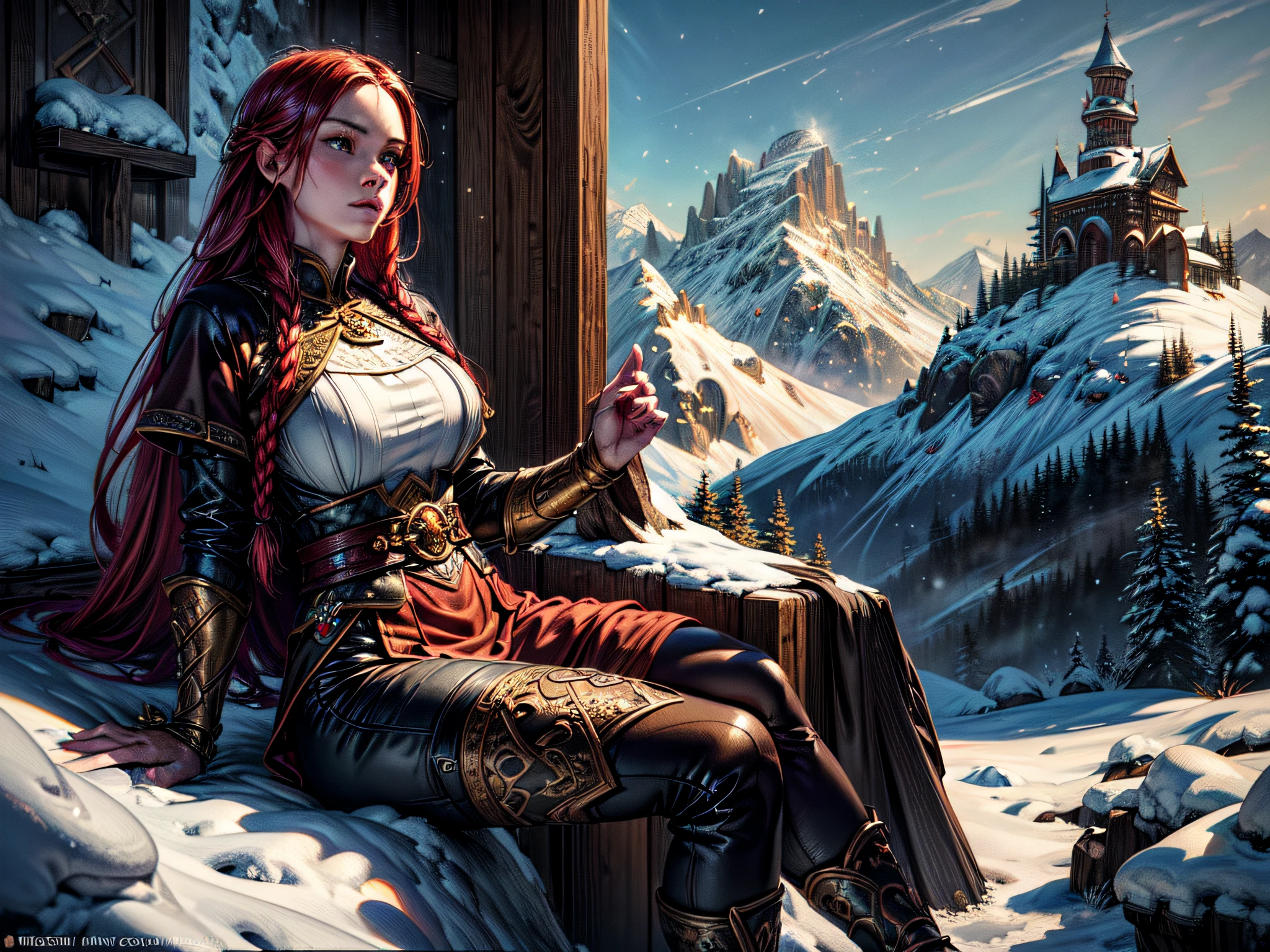 fantasy art, photorealistic, D&D art, larry elmore style, a picture of a female monk sitting cross-legged and meditating on a snowy mountain, on top of a snowy mountain there is a human woman monk wearing monk garbs, meditating near a bonfire (best details, Masterpiece, best quality :1.5) on top of the snowy mountain (best details, Masterpiece, best quality :1.5), red hair, long hair, full body (best details, Masterpiece, best quality :1.5), ultra detailed face (best details, Masterpiece, best quality :1.5), ultra feminine (best details, Masterpiece, best quality :1.5), exquisite beautiful (best details, Masterpiece, best quality :1.5) red hair, long hair, braided hair, pale skin, blue eyes, intense eyes, ultra best realistic, best details, best quality, 16k, [ultra detailed], masterpiece, best quality, (extremely detailed), ultra wide shot, photorealism, depth of field, hyper realistic painting, 3D rendering