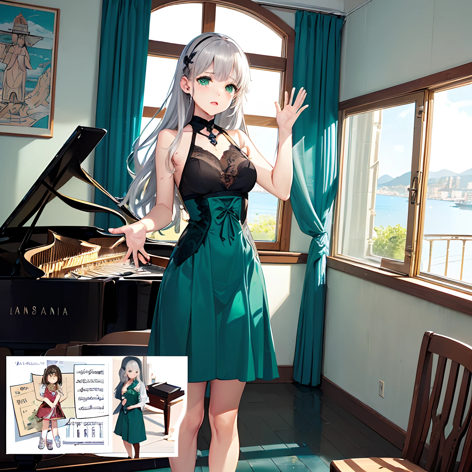 masterpiece、top-quality、High-quality images、8K、 ((Background with、Accurate perspective、line-drawing、Contour extraction、colourfull、Moderate shading、Medium omission:1.3)) ((Ana's Bedroom、Stylish bay window with sea view、Very bright lighting、On the wall4Photo、a bed、typical:1.3))((Music room at home with sea view、Piano instruction、lesson、Started training world-class pianists:1.2))announcer((anastasia、Graduated from the piano department of the College of Music、Piano Teacher、The goal is to train famous pianists、Good friends with students、Has the ability to manipulate the darkness of the mind at will、Have the ability to hear Leos' voices、When Leo is not present, You can sleep whenever you want.、pure、with light glowing、Little crybaby、Semi-long silver hair、Emerald green eyes、Slimed、Balanced proportions、Fashionable clothes selected in the costume room、Room makeover、lecture、Leo Advocacy:1.4))、 I am Leo、announcer、Immediately, Leo starts asking questions.、I want you to answer with one hand raised as usual、This is the first question from Leo、Are you the real Ana?If so、Raise one hand