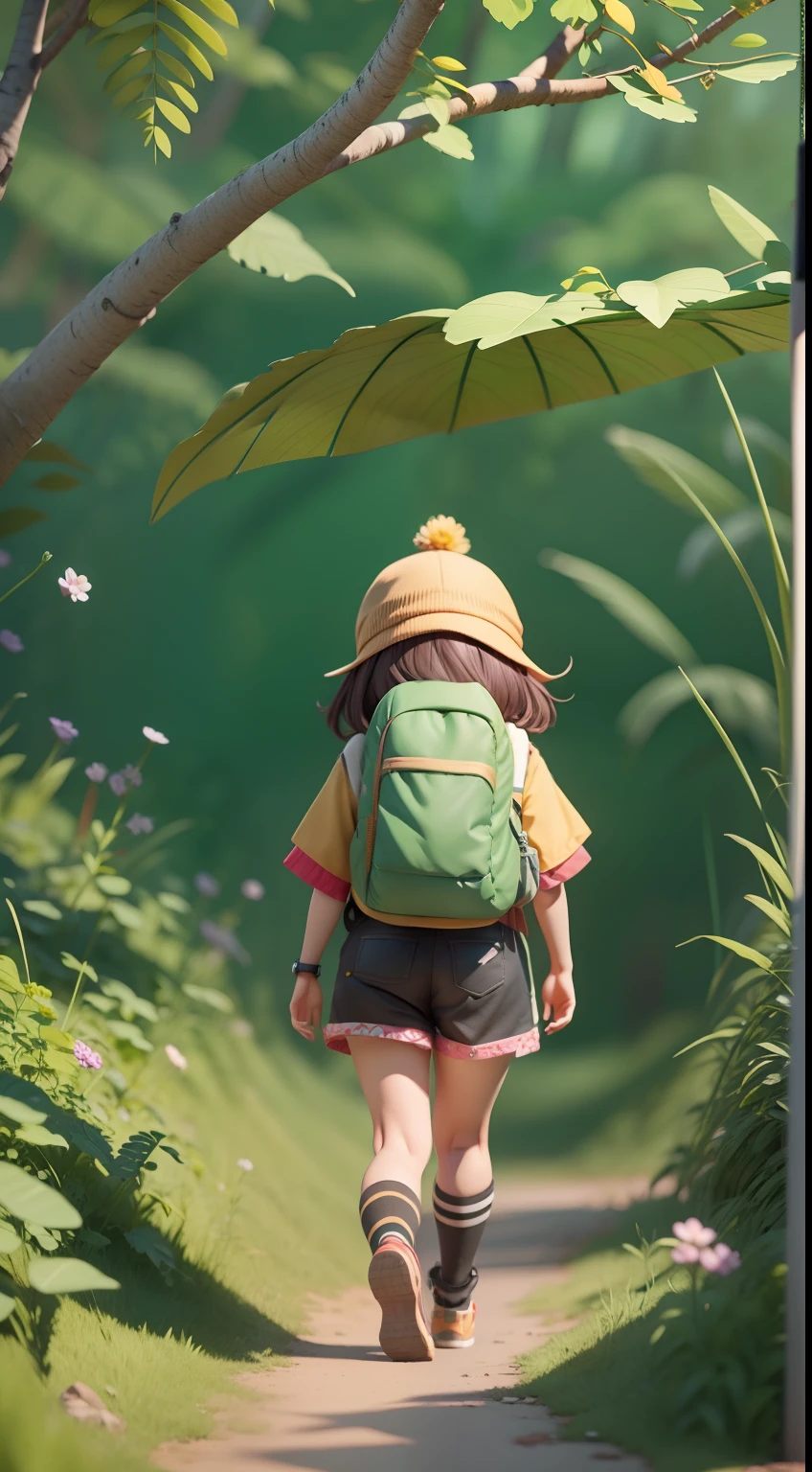 There is a poster with a cartoon character in a hat and backpack, female explorer mini cute girl, walking in the wilderness, flower jungle, animation style rendering, cute 3 D rendering, small characters. Unreal Engine 5, stylized anime, cute detailed digital art, Atey Ghailan 8 K, stylized 3D rendering, adventure surreal rendering, anime style 3D, 3D rendering stylized