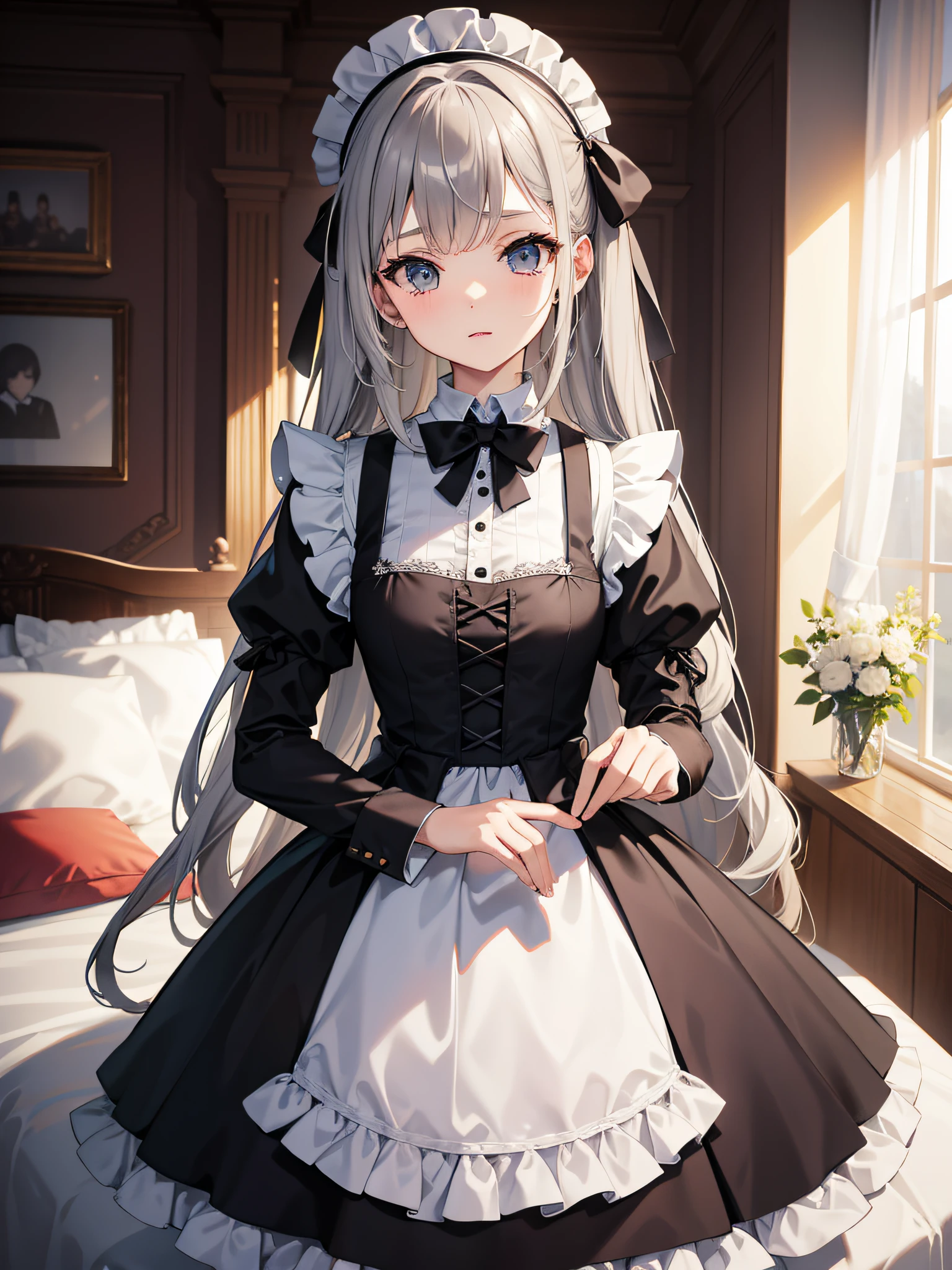 Masterpiece, Best Quality, hight resolution, absurdress, 8K, 4k, official arts,, , (flat_Color:0.9),, , 1girl, Large_pectorals, Maid uniform, gray hairs, , ,