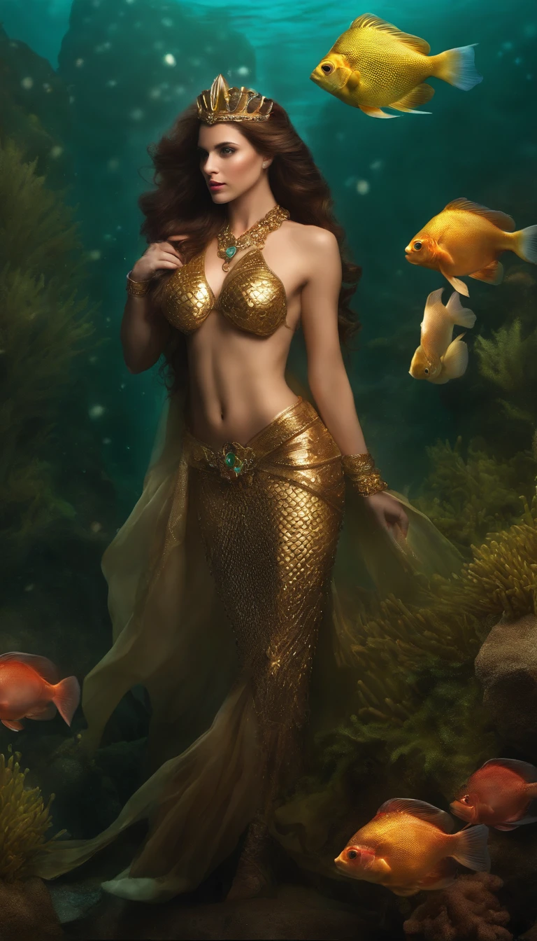 (Numerous award-winning masterpieces, with incredible detail, textures and maximum detail), (full body view of mermaid:1.6), (hyper realistic:1.4), (realistic:1.3), (upper body up:0.4), (Many gold and silver treasures are sunk around: 1.8), (best quality real texture skin), (((in water))), (deep deep sea:1.5), (Dark sea at night:1.6), (finely detailed true circle Symmetrical eyes), (beautiful and delicately drawn face), ((medieval world)), (full body display of mermaid: 1.6), ((mermaid)), ((mermaid princess)), ((mermaid nobility)), (burn brightly icy look in the eye), (She has a mischievous smile on her face), (Sunken ship with treasure:1.4), A temple Sunken in a coral reef, ancient Sunken city, Sunken temple, Sunken great cathedral, Sunken temple ruins, Sunken detached temple, Sunken Ruins of an ancient castle, Shining majestic water and light, coral reef, (Eyes that glow blue in the dark:1.5), (A pair of Ice-blue eyes with strong blue light emitting from within:1.5), (bio luminescence:1.5), (full body view of mermaid:1.6), (Swirling water stream and tidal current in the background), (Dramatic Light), (A majestic sight), (Her countenance is gentle and beautiful), Glass earrings on the ears, (dramatic photo:1.4), ((dramatic pose)), (flamboyant photo), (golden hair), (silver hair), (chestnut hair), (full body view of mermaid:1.6), ((looks up)), ((looking down)), (Around her neck is a simple necklace of exquisite workmanship), (Bio luminescence with a brilliant glow:1.3), (Use flashy Hydro magic:1.2), (beautiful fish in the surroundings), (Luminous magic circle:1.5), (full body view:1.6), epic realistic, faded, art, (Greg rutkowski:0.8), (teal and orange:0.4), (art station:1.5), cinematic, ((neutral colors)), (hdr:1.5), (muted colors:1.2), hyper detailed, dramatic light, (intricate details:1.1), complex background,