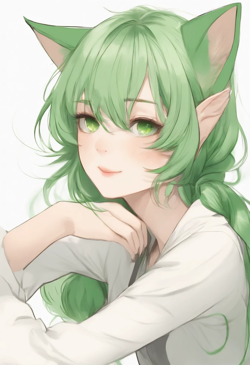 (Sketch drawing), (Close up), (Small body:1.2), (rosycheeks:1.2), (Green cat ears), (Beautiful cat ears), (Green hair), (Green eyes), (Medium hair), (White background:1.3),