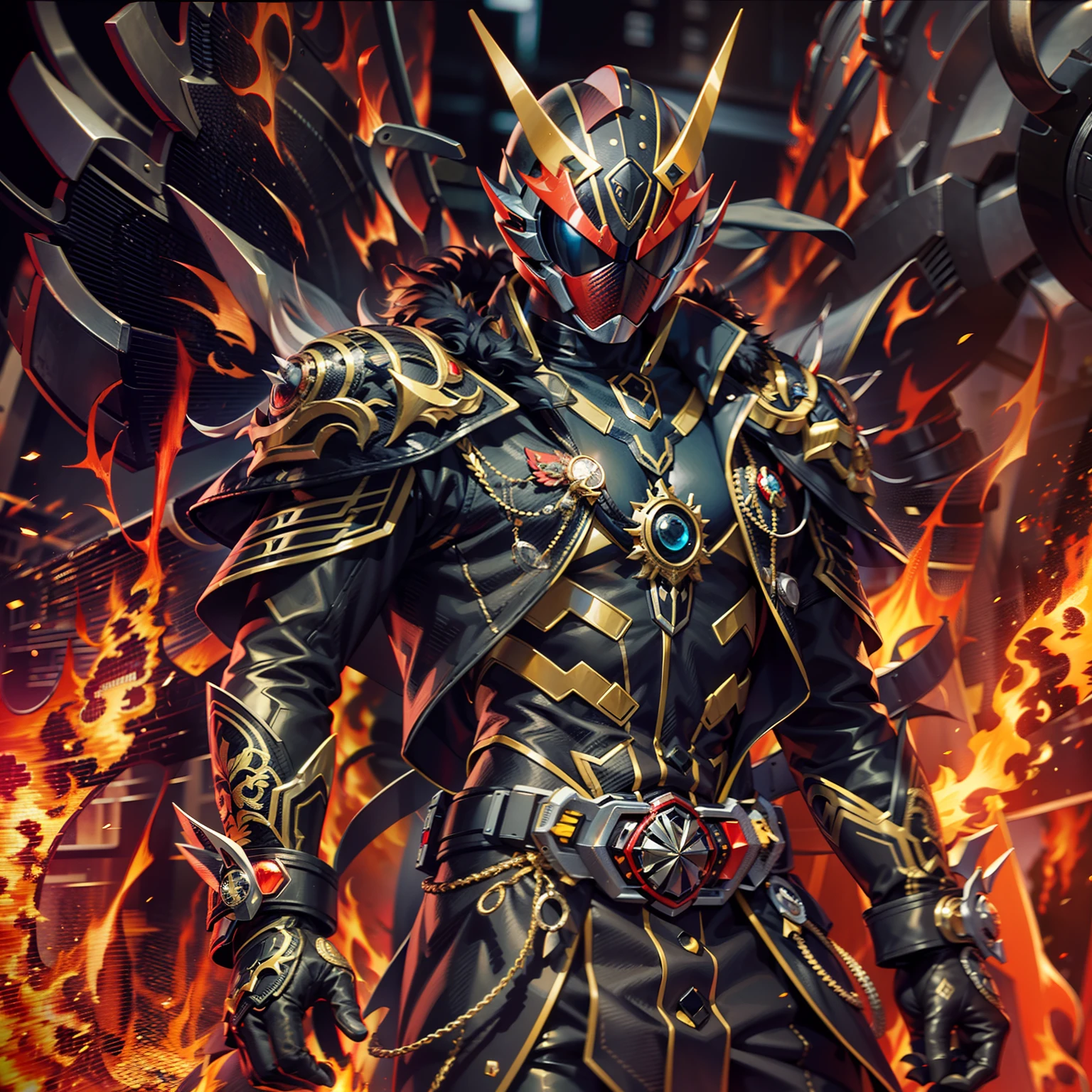 （Ultra detail），Kamen Rider from hell wrapped in flames，dressed in（with intricate detail：1.4）Mechanical fur coat，Domineering and exposed，Full of oppression，Masterpiece:1.2