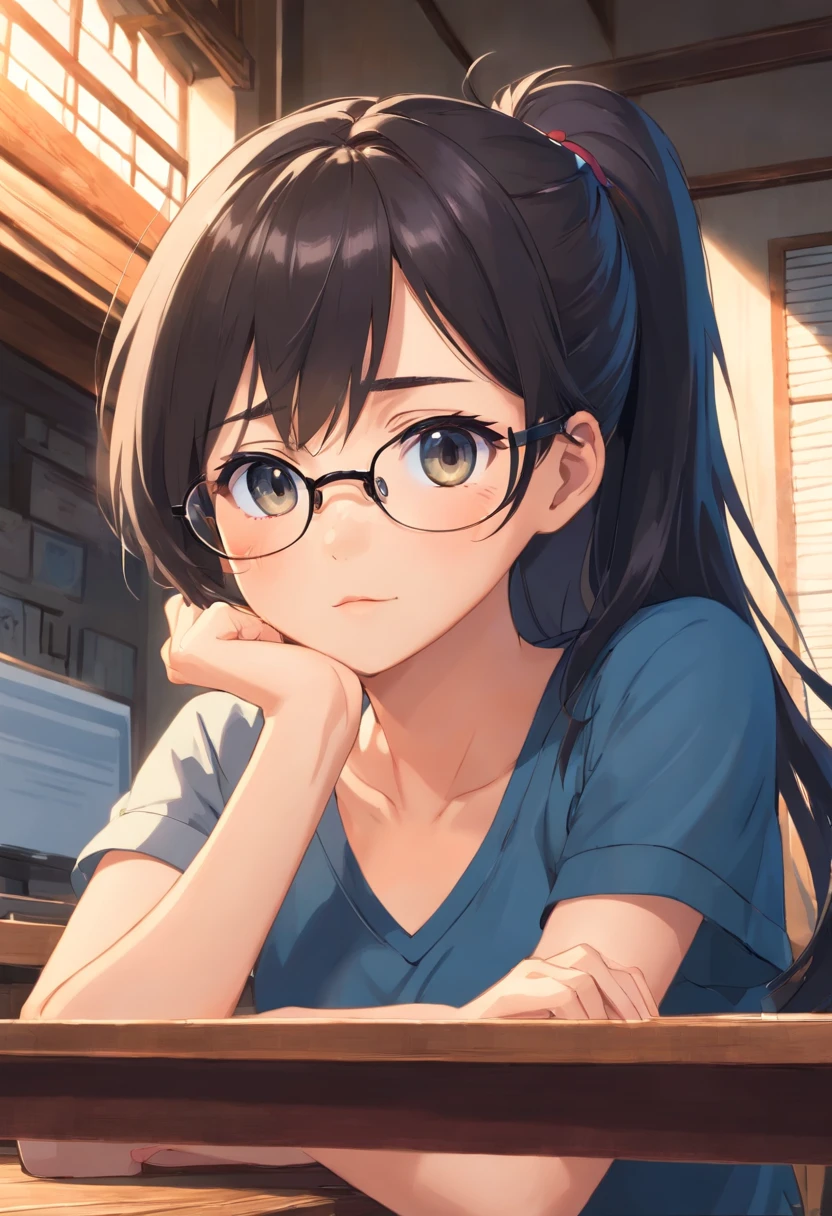 (Best quality,very high res),Close-up portrait of the front upper body of a girl sitting at a wooden table, Wear a black V-neck short-sleeved shirt and round metal-framed glasses. She is a Chinese girl,Long black hair tied in a ponytail, Place your left hand on the mouse,Hold your chin with your right hand. She pursed her lips slightly, She raised her head slightly, and looked up at the camera with both eyes. The background consists of shutters, There is a laptop in the lower left corner.
