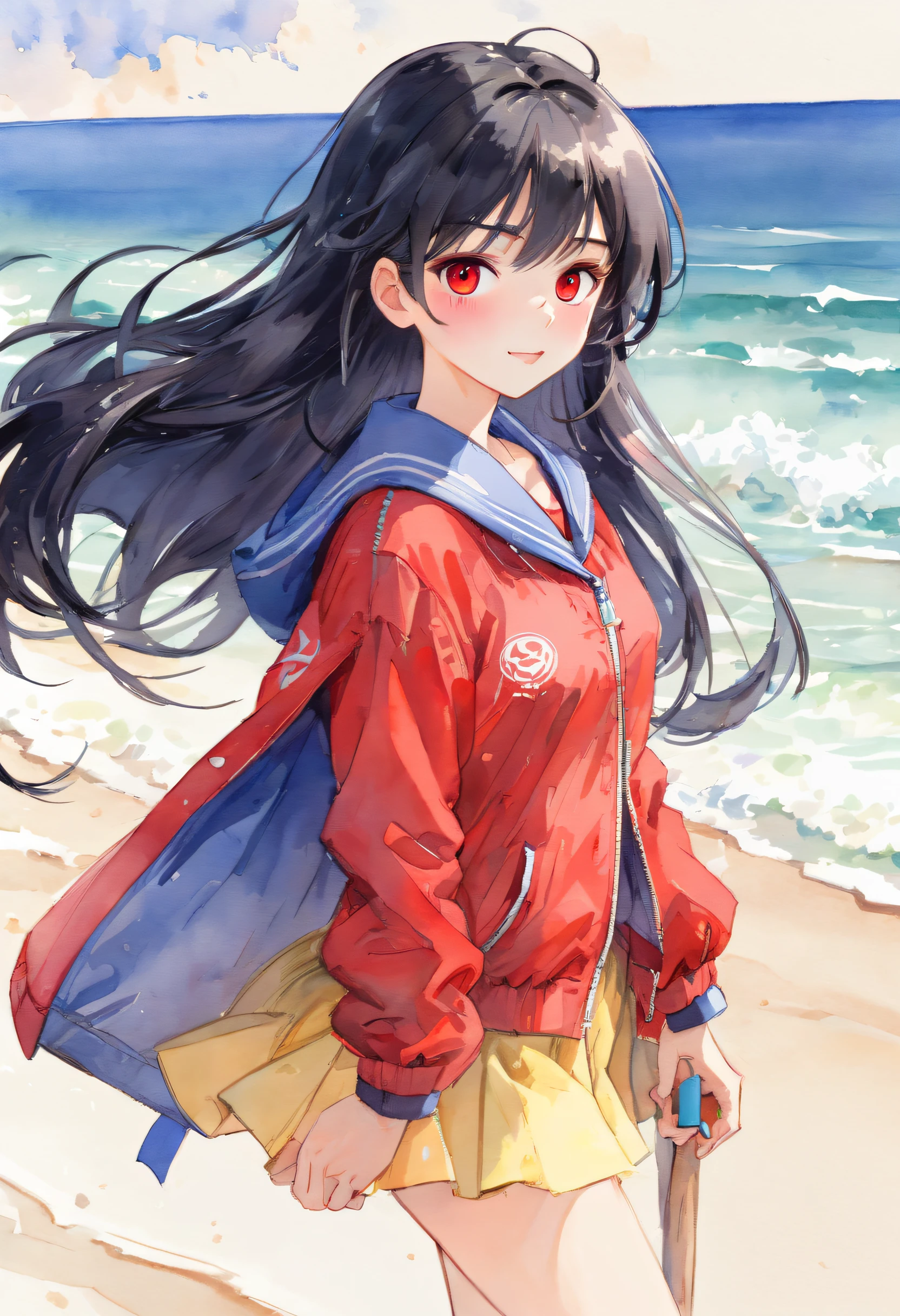 soro woman,(best texture:1.3),UHD,( 1woman , Breezy Beach:1.5),Japanese woman, absurdres,((masterpiece)), ((best quality)), (ultra-detailed), ((extremely detailed)),high definition,an extremely delicate and beautiful,((best quality)),,colorful,(very long (red) oversized bomber jackett:1.3), (beautiful detailed school uniform), military boots,,((extremely detailed)), 4K, (8K),best quality,, illustration,(ink splash:1.6),(pencil drawing:1.3), (watercolor pencil2:1.6 ),, (beautiful),((perfect face,perfect body,perfect anatomy)),((so cool)), cute, brake, 20years old,full body, smile,( extra long hair:1.3), (bluish black hair:1.3), straight hair, hime cut, (tilted eyes:1.3), (black eyes:1.4), (tall stature), athlete, slender body, small brest, ((cool face)), ((slender face)), expression fair skin, She has a beautiful face and shining eyes,