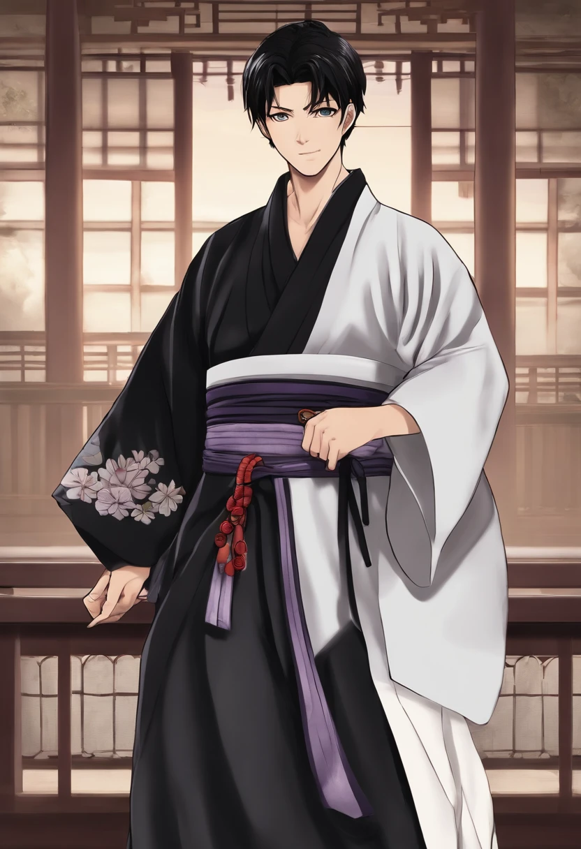 Create an image of a young man similar to Megumi Fushiguro from Jujutsu Kaisen. Use the MAPPA studio animation style. This young man has short, black hair and purple eyes and is wearing a black and white kimono. He is tall, handsome and has very defining features.