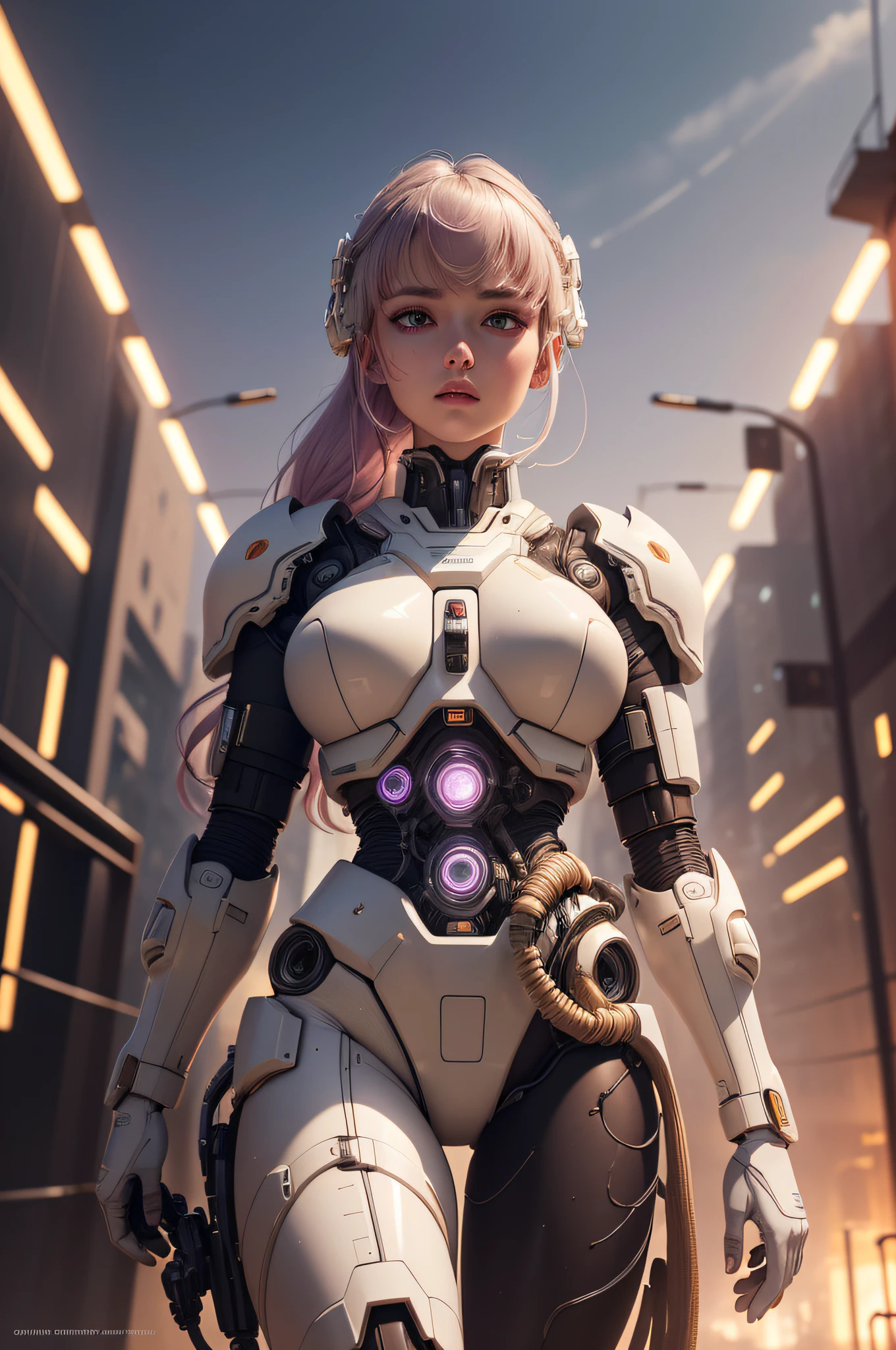 1mechanical_girl_with_kidou_keisatsu_patlabor_body , wearing_intricate_bioluminescent_mechanical_cyborg_armor_made_out_of ((white_beige_old_plastic)) , ((ultra realistic details)), detailed_face, global_illumination, shadows, octane_render, 8k, ultra_sharp, metal, ornaments_detailed, cold_colors, egypician_detail, highly_intricate_details, realistic_light, trending_on_cgsociety, glowing_eyes, look down on someone, ((from below)), lifted by self, looking at viewer, neon_details, machanical_limbs, blood_vessels_connected_to_tubes, ((lot_wires_and_cables_connecting_to_head_and_body)), killing_machine, extremely_sexy, lustful, medium breasts, slutty , official wallpaper, NSFW, In the style of Neon Genesis Evangelion, you find yourself standing on a desolate, post - apocalyptic wasteland, as the distant ruins of a massive city loom on the horizon. The sky is filled with ominous clouds, as a massive creature towers in the distance, cinematic light, dramatic light, pink + violet