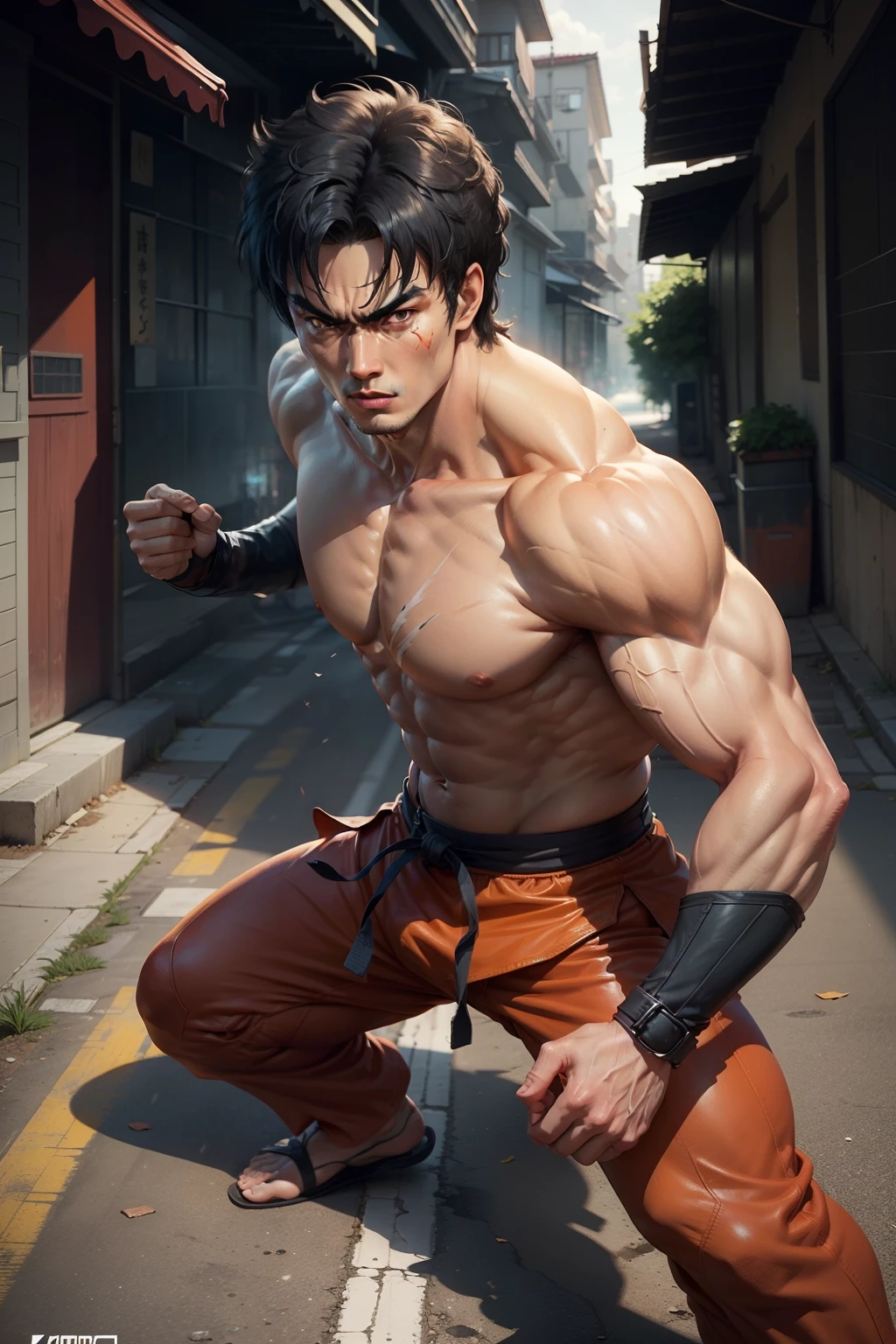 Tips: FULL BODYSHOT, GAMECHARACTER DESIGN, Man with a scar on his chest, Kenjiro, Hokuto Shinken Character, Bruce Lee's signature movement, sportrait, Deserted streets (Fundo), Low Angle - AR 16:12 - Expression of style, excitation.