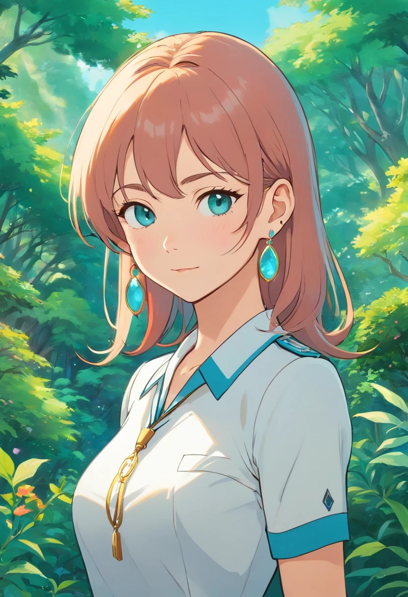 a milf girl wearing an tight office uniform, a long necklace and earrings, in the style of tranquil gardenscapes, colorful animation stills, masami teraoka, aquamarine, paul gauguin, Embry style, honest portrayal