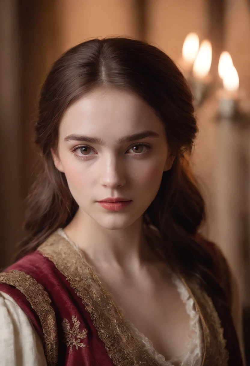 ((a deep reddish wound crosses her left cheek))) fair complexion, man around 19 years old, natural brown hair, distinctive brown eyes, wearing jacket, slender and graceful, beautiful, candlelight in a medieval setting, ultra sharp focus, realistic shot, medieval male clothes, tetradic colors (scar:1.4)