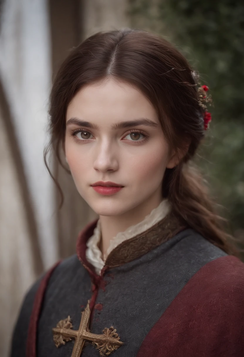 ((a deep reddish wound crosses her left cheek))) fair complexion, man around 19 years old, natural brown hair, distinctive brown eyes, wearing jacket, slender and graceful, beautiful, candlelight in a medieval setting, ultra sharp focus, realistic shot, medieval male clothes, tetradic colors (scar:1.4)