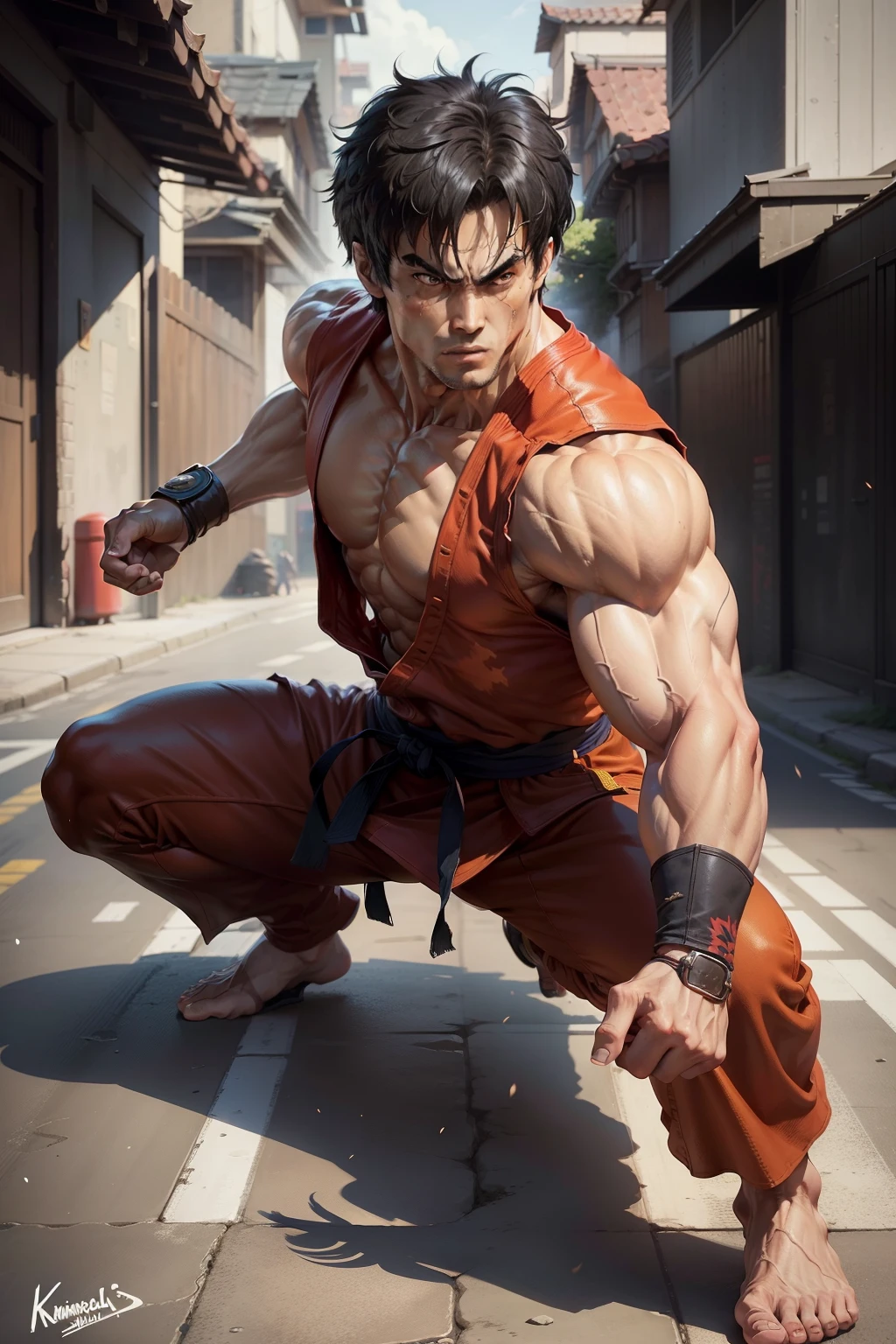Tips: FULL BODYSHOT, GAMECHARACTER DESIGN, Man with a scar on his chest, Kenjiro, Hokuto Shinken Character, Bruce Lee's signature movement, sportrait, Deserted streets (Fundo), Low Angle - AR 16:12 - Expression of style, excitation.