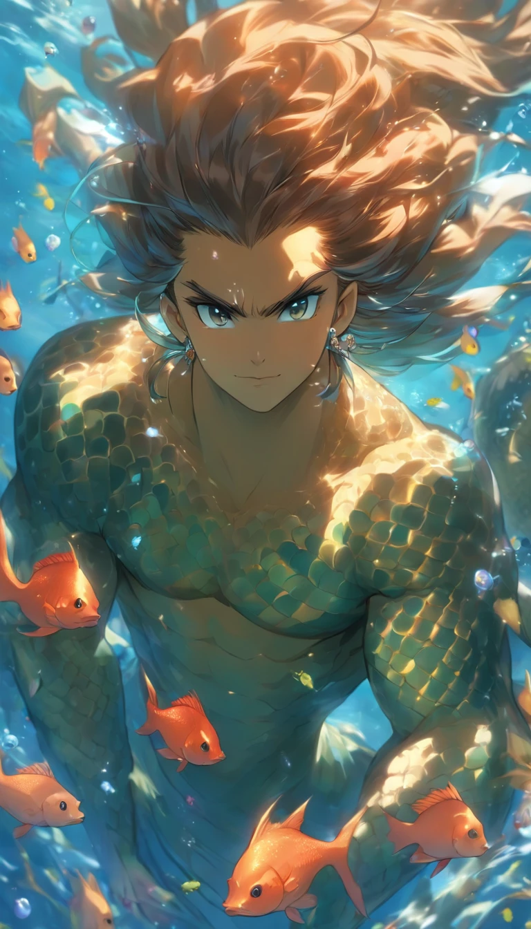 ((Mature male)), merfolk，((Solo)), ((The upper body is a human and the lower body is a fish))，The body of the fish replaces the legs，(((Wheat-colored skin)))，(Blue-green scales)，(Finned ears)，Slag，musculous，vast pecs，Broad shoulders，Thick-breasted，((Bare upper body))，Gold crotch，Huge crotch bulge，Smooth skin，Glowing skin，glowing light eyes，((tiara studded with gemstones))，brown  hair，Layered flowing short hair，King of mermaids，the god of the sea，(holding trident)，Majestic expression，High- sharpness，High picture quality，tmasterpiece，Movie lighting，Skin with a real texture，hyperrealistic photo，Fantasy style，((full bodyesbian，in a panoramic view))，Underwater shooting，Background with：ocean floor，Surrounded by colorful fish，colorful coral，Colorful background，intricately details，Rich background