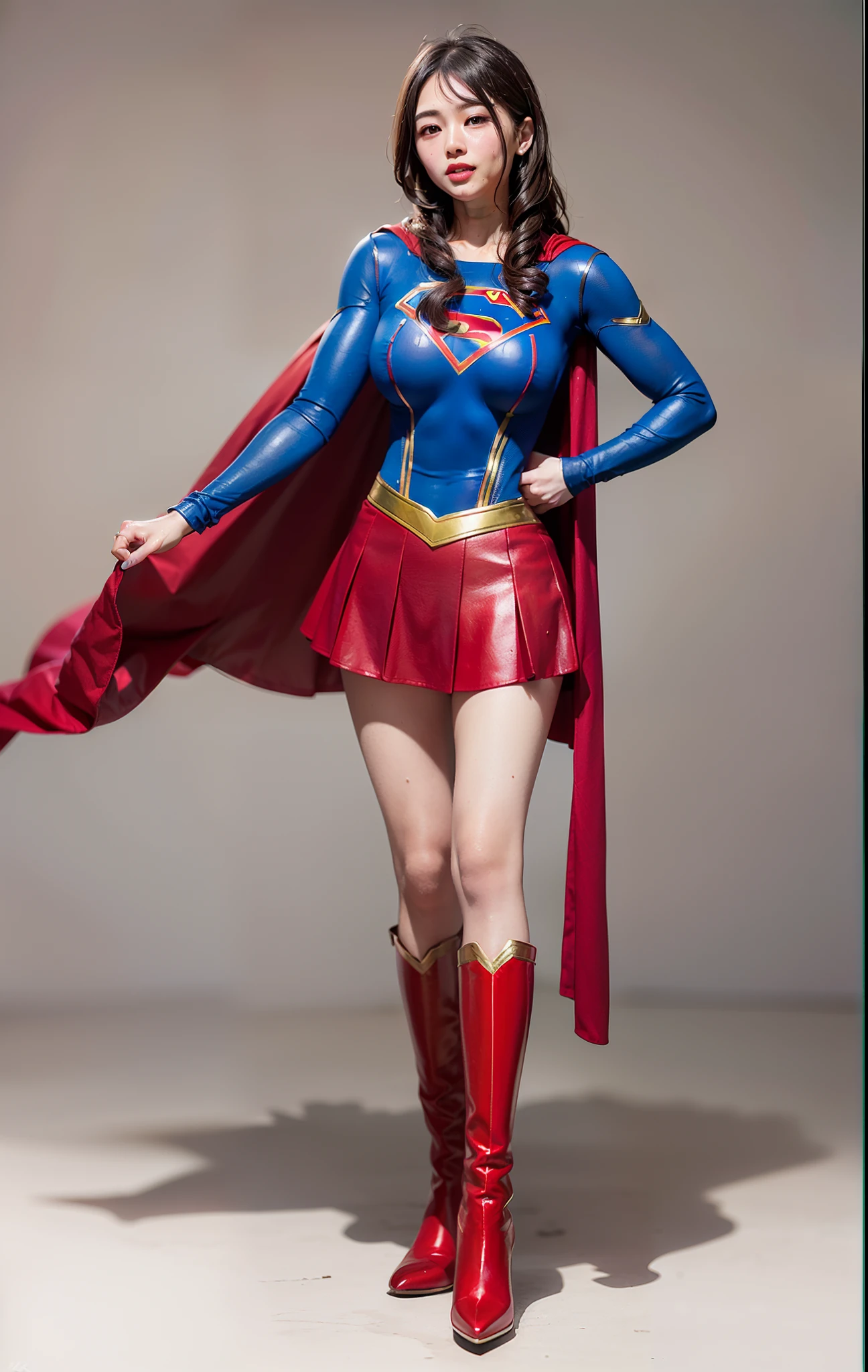 (((Make the most of the original image)))、(((Supergirl Costume)))、(((lustrous dark hair)))、(((Suffering)))、(((Feet must necessarily be worn with black tights)))、(((Smile)))、(((You need to wear red boots)))、((Top image quality、8K))、((top-quality、8K、​masterpiece:1.3))、Crisp focus:1.2、Beautiful woman with perfect body shape:1.4、Slender Abs:1.2、((layers-Cut、large boob:1.2))、a wet body:1.5、Highly detailed facial and skin texture、