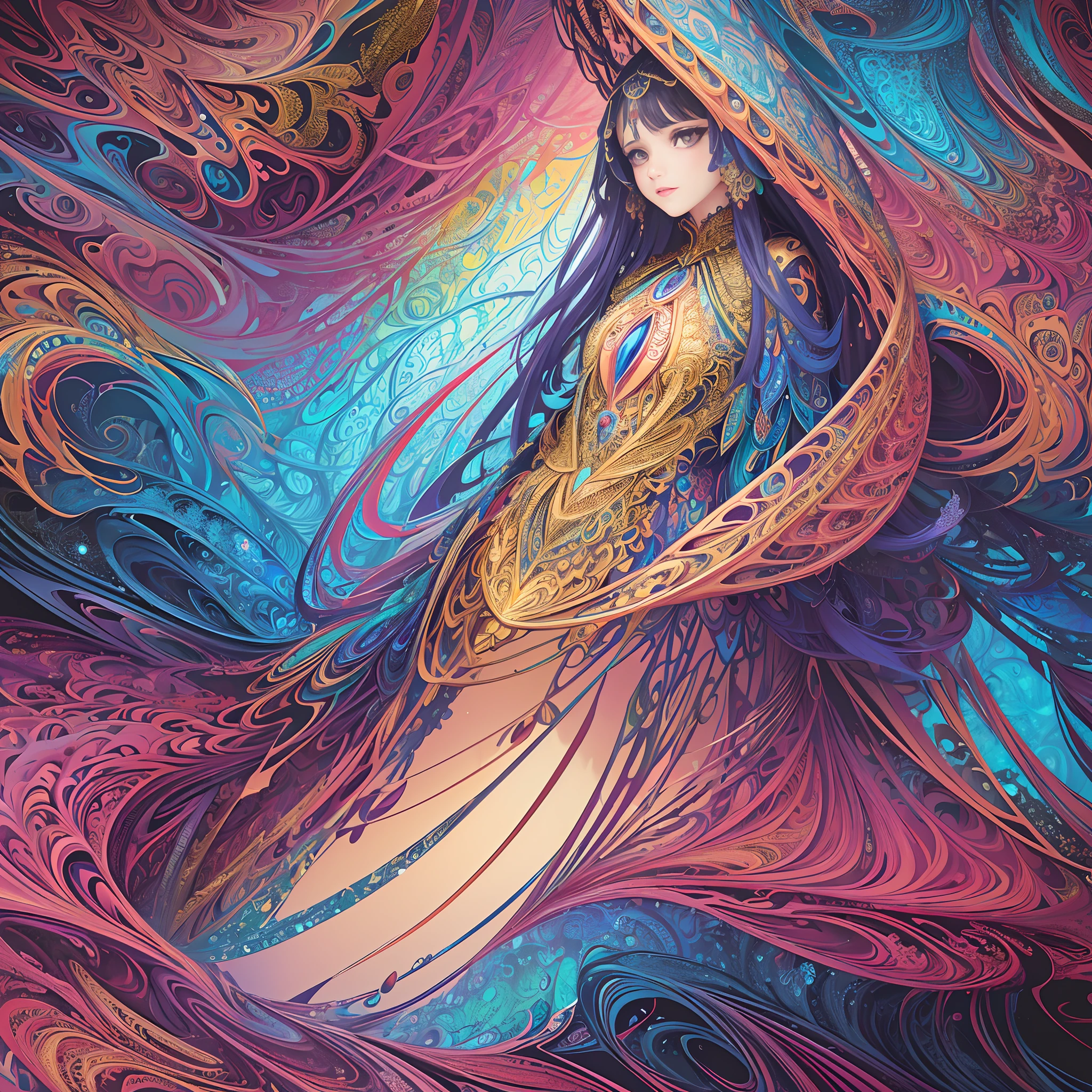 (masterpiece, top quality, best quality, official art, beautiful and aesthetic:1.2), (1girl:1.3), extremely detailed,(fractal art:1.2),colorful,highest detailed,(zentangle:1.2), (dynamic pose), (abstract background:1.5), (treditional dress:1.2), (shiny skin), (many colors:1.4), upper body
