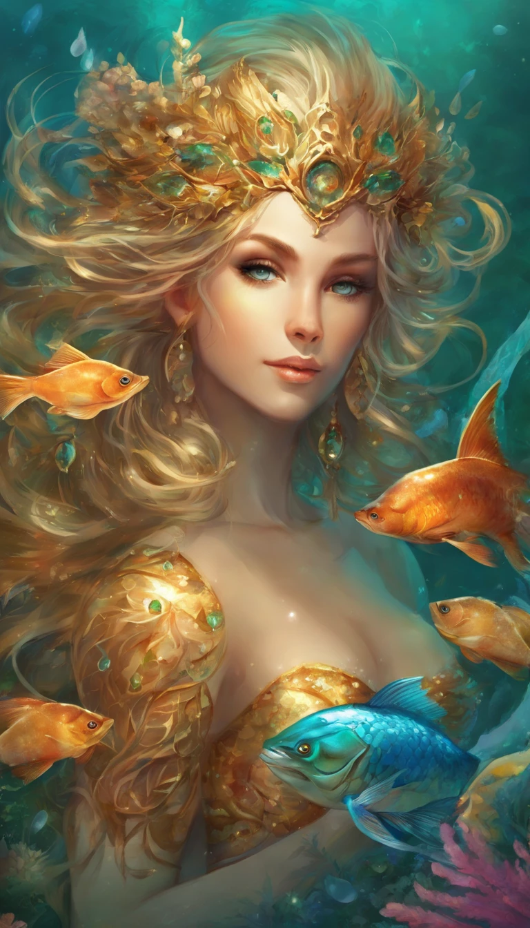 ((Mature male)), merfolk,((Solo)), ((The upper body is a human and the lower body is a fish)),The body of the fish replaces the legs,(((Wheat-colored skin))),(Blue-green scales),(Finned ears),Slag,musculous,vast pecs,Broad shoulders,Thick-breasted,((Bare upper body)),Gold crotch,Huge crotch bulge,Smooth skin,Glowing skin,glowing light eyes,((tiara studded with gemstones)),brown hair,Layered flowing short hair,King of mermaids,the god of the sea,(holding trident),Majestic expression,High- sharpness,High picture quality,tmasterpiece,Movie lighting,Skin with a real texture,hyperrealistic photo,Fantasy style,((full bodyesbian,in a panoramic view)),Underwater shooting,Background with:ocean floor,Surrounded by colorful fish,colorful coral,Colorful background,intricately details,Rich background