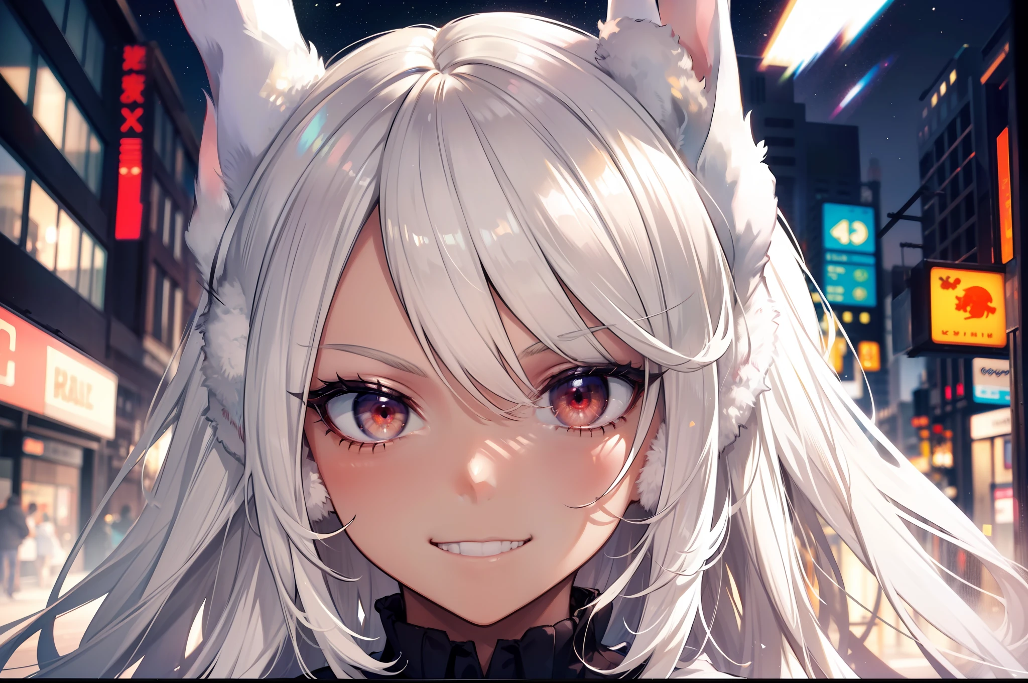 Masterpiece,masterpiece, top-quality, hight resolution, 1girl in, 独奏, white hair, The long-haired ,Long hair,straight haired, (Rabbit ears ,Rabbit ears) , ((Brown skin , darkskinned)),Hanging eyes,Glaring eyes,Scary smile,Invincible smile, Bullish smile, Neon City, Night city,up of face,detailed face depiction,Beautiful facial features,dark sky,Turn to this,Depiction of beautiful faces, detailed face depiction,Focus on the face,