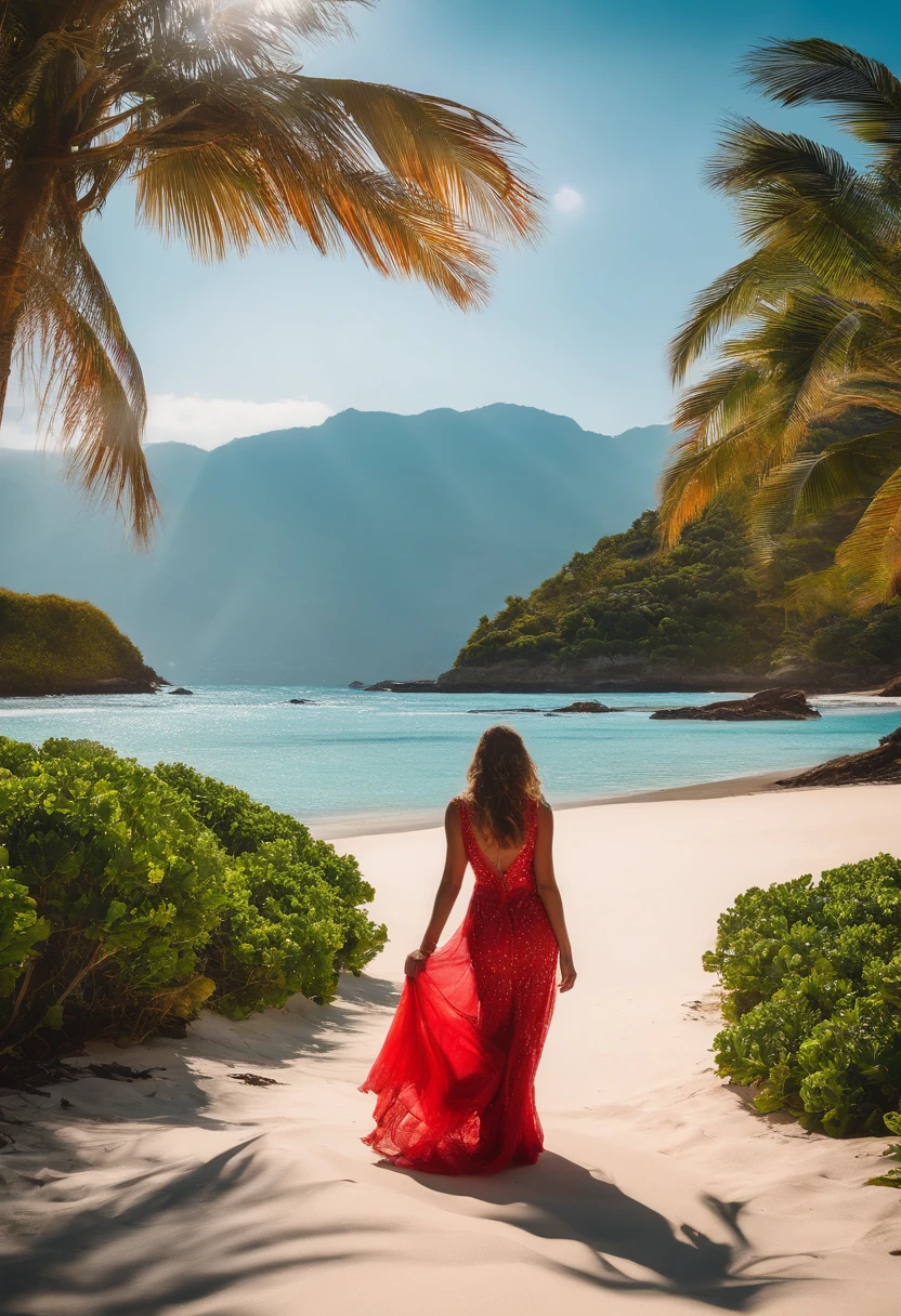 mulher loira, vestida com longo vermelho encostada em uma palmeira, in paradisiacal beach under the sun and crystal clear waters and mountains in the background and flying