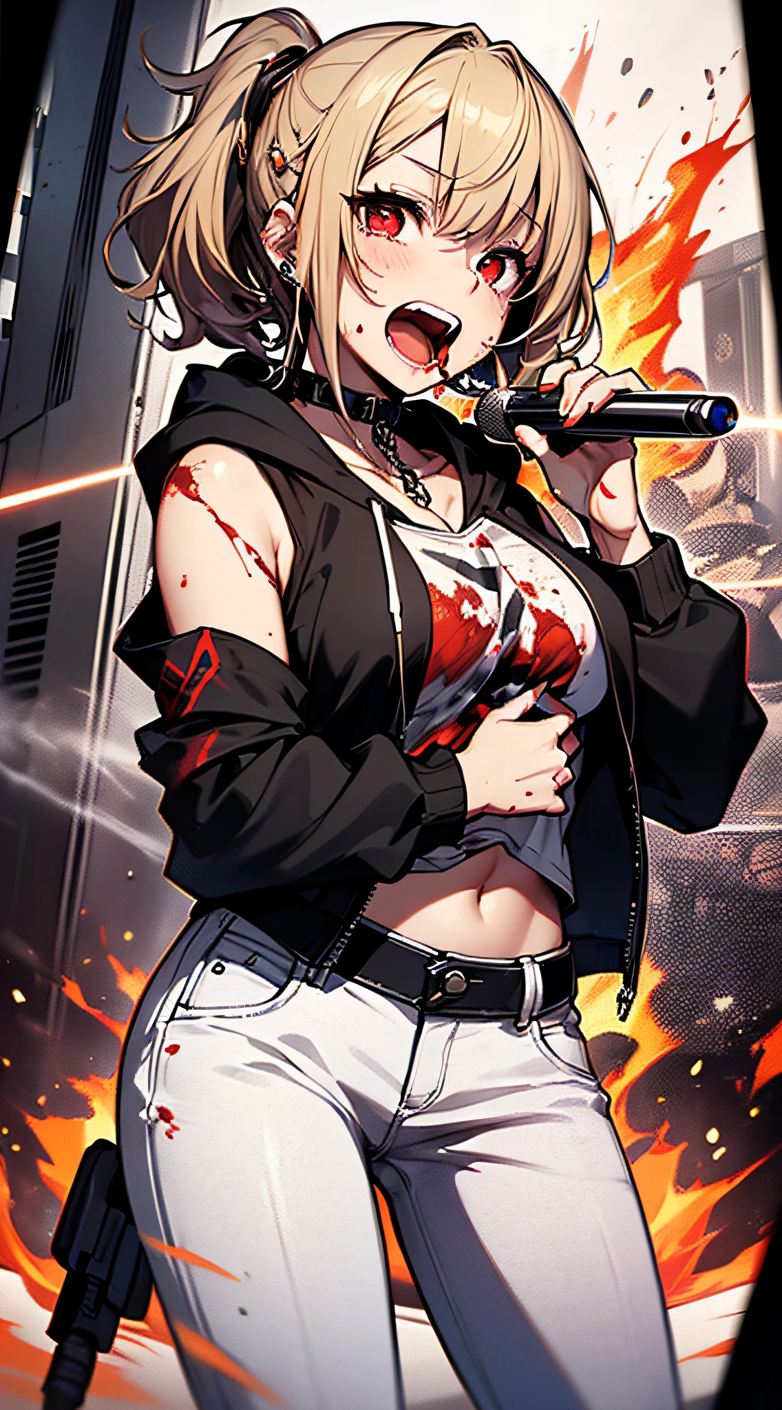 top-quality、Top image quality、masterpiece、girl with((18year old、tatteredclothing、Black tank top、Black short-sleeved hoodie、White pants、Best Bust、Bust 85、a blond、disheveled ponytail、Red Eyes、open chest wide、Happiness、Return blood、Blood from the mouth、Chain Accessories、holding the mic、Voice bubbles(♡),Screaming face))hiquality、visualart、Background with((Live performance venue、knight、Combustion Renditions、Laser Pointer))、