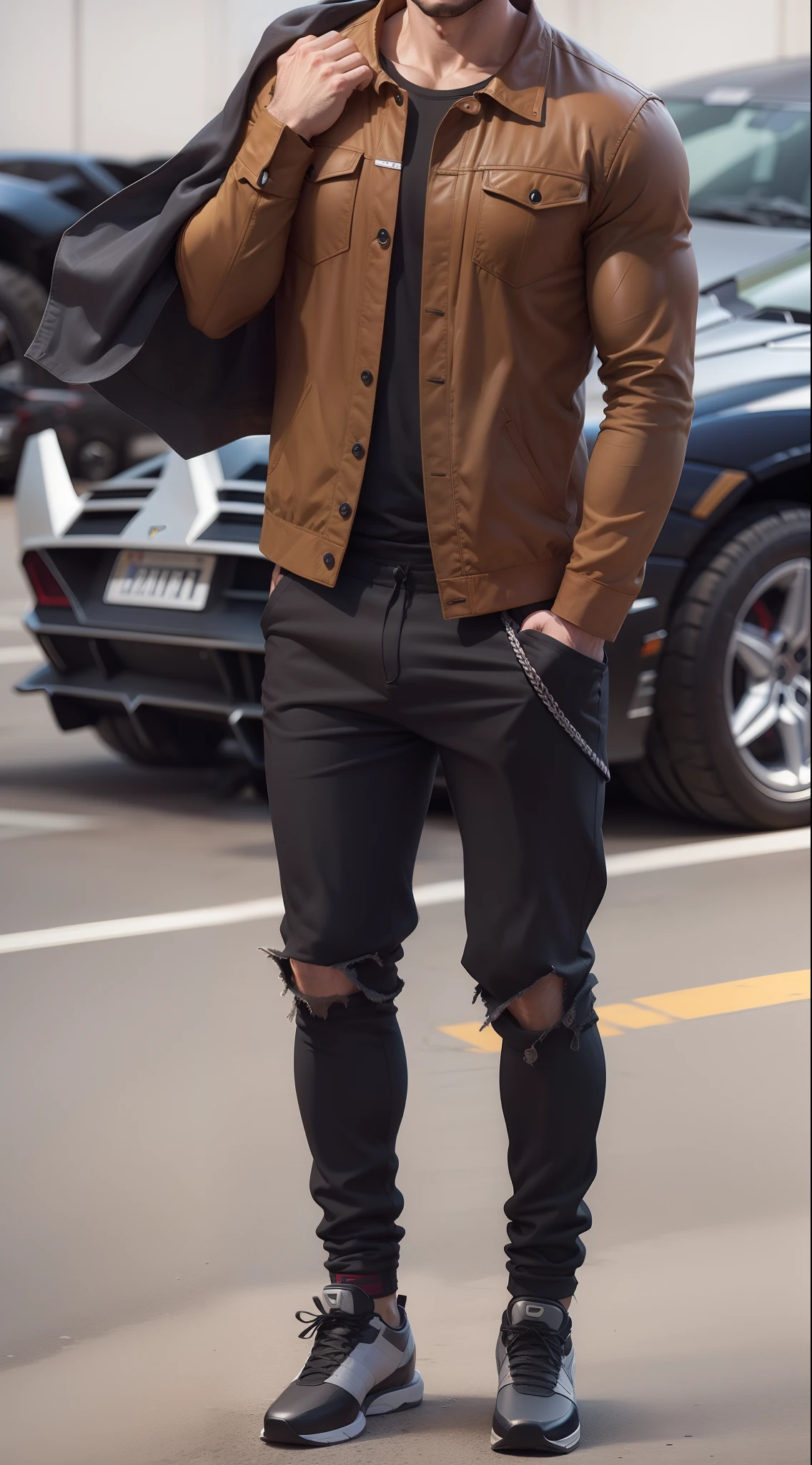 Homem com corpo levemente musculoso na frente de uma lamborghini