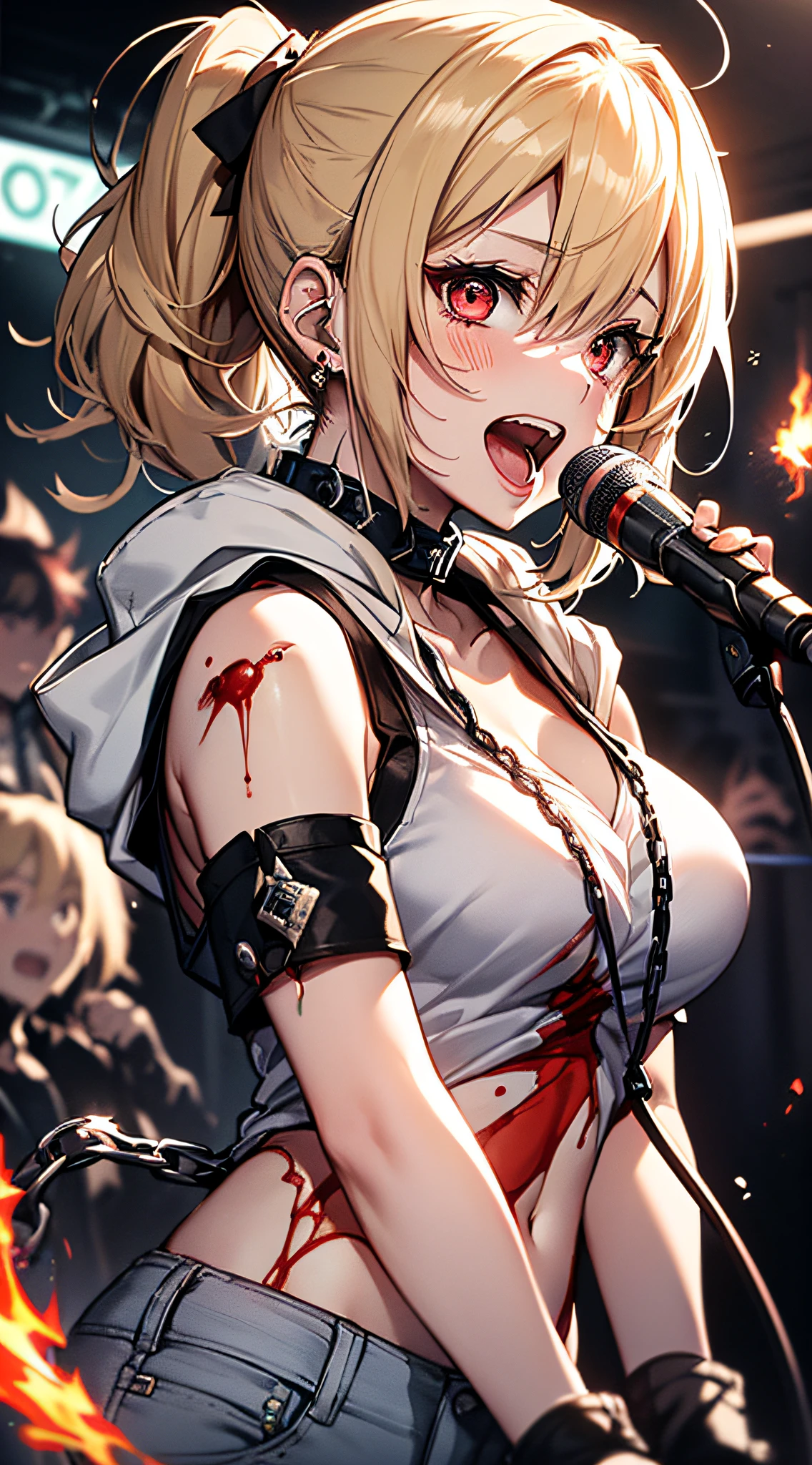 top-quality、Top image quality、​masterpiece、girl with((18year old、tatteredclothing、Black tank top、Black short-sleeved hoodie、White pants、Best Bust、Bust 85、a blond、disheveled ponytail、Red Eyes、open chest wide、Happiness、Return blood、Blood from the mouth、Chain Accessories、holding the mic、Voice bubbles(♡),Screaming face)）hiquality、visualart、Background with((Live performance venue、knight、Combustion Renditions、Laser Pointer))、