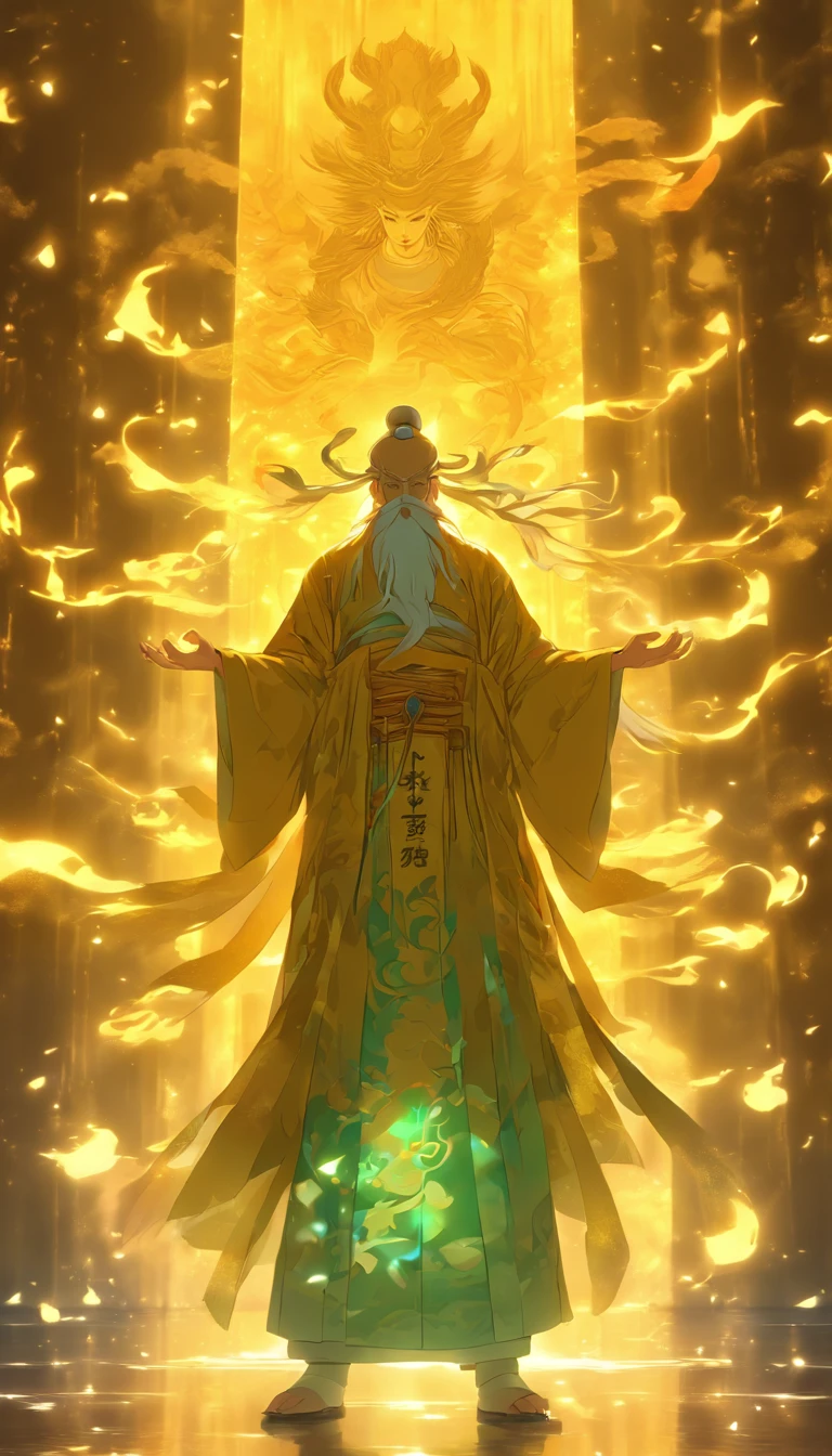 China-style,A Taoist priest stood in front of a huge transparent projection of golden light,Stretch your hands,Glow effects,8k,super-fine,tmasterpiece,high qulity