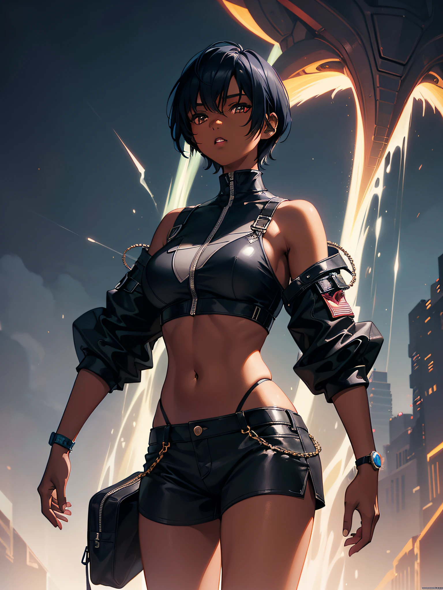 Dark-skinned tomboy girl with cropped hair, Illustrated by Aoiro Studio and Masaaki Komori, hyper detailed, neon lights, Cinematic lighting, matte painting, Illustrated in the style of oil painting, Trending on ArtStation, Contemporary art, Surreal and fairytale atmosphere.