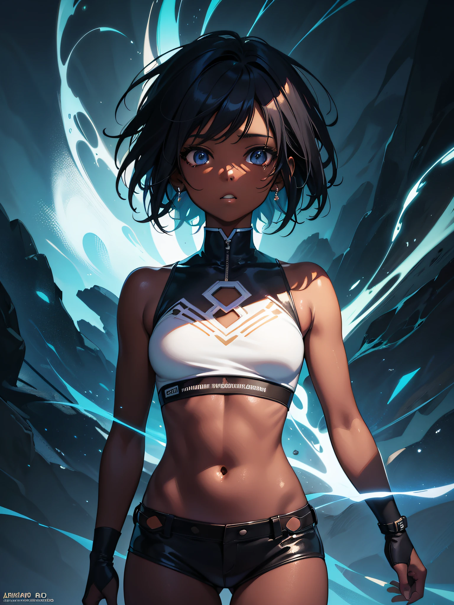 Dark-skinned tomboy girl with cropped hair, Illustrated by Aoiro Studio and Masaaki Komori, hyper detailed, neon lights, Cinematic lighting, matte painting, Illustrated in the style of oil painting, Trending on ArtStation, Contemporary art, Surreal and fairytale atmosphere.