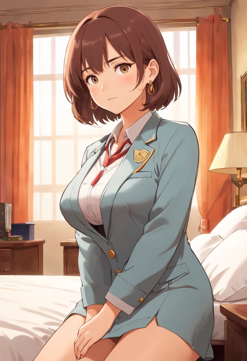 a girl wearing an office uniform, huge breast, a long necklace and earrings, in the bedroom,