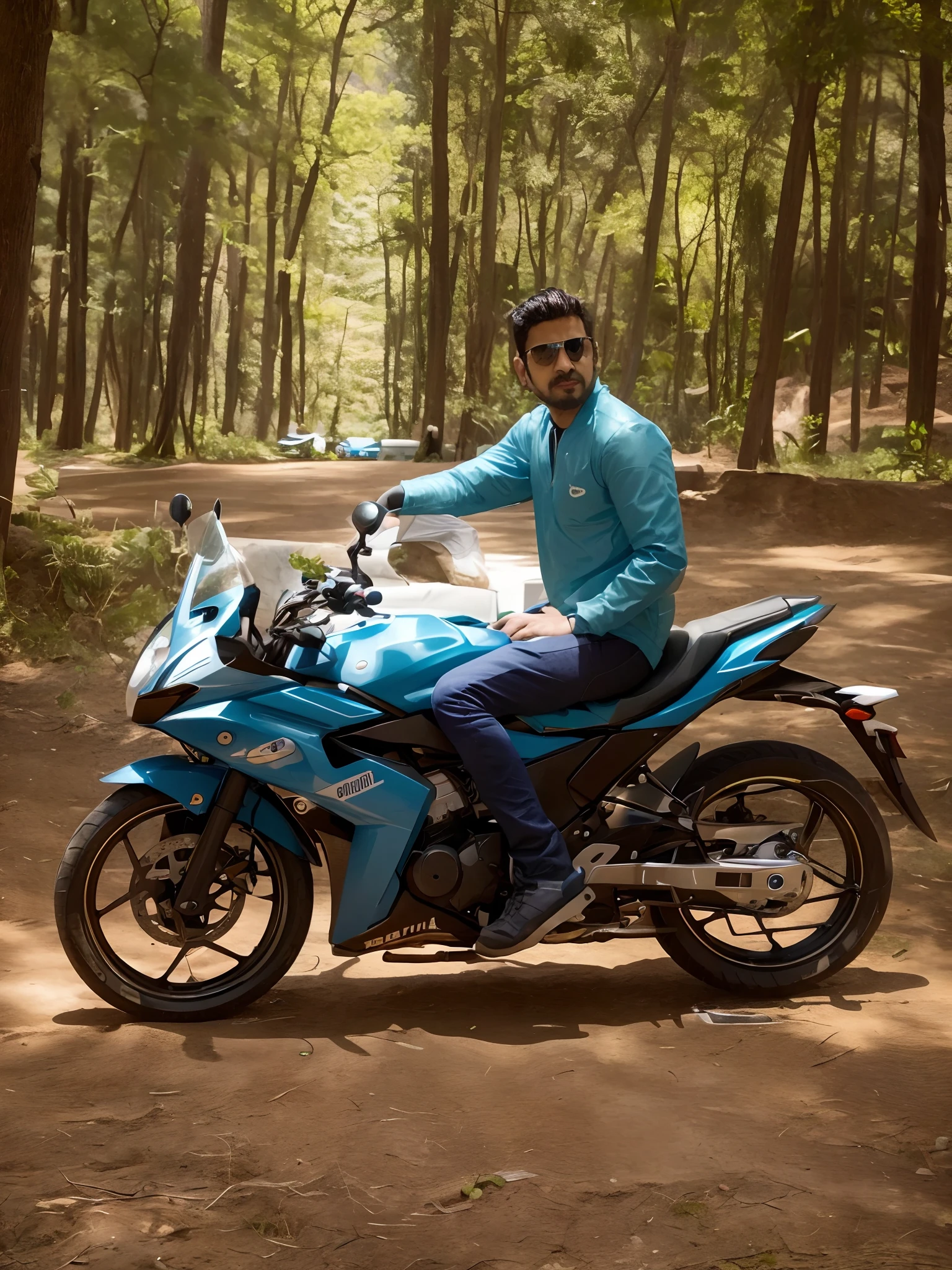 arafed man sitting on a blue motorcycle in a wooded area, in front of a forest background, avatar image, mohamed chahin style, * colour splash *, inspired by Saurabh Jethani, full body photogenic shot, profile picture, cool pose, professional picture, without helmet, candid picture, with a cool pose, inspired by Max Dauthendey