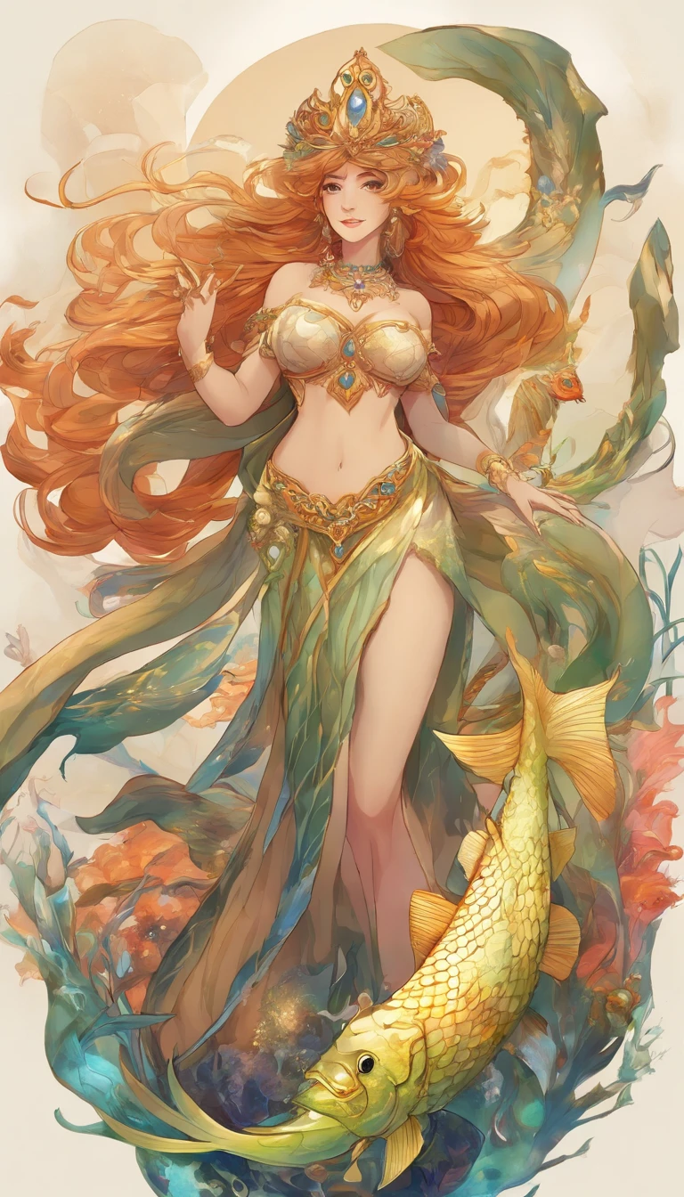 ((Mature male)), merfolk,((Solo)), ((The upper body is a human and the lower body is a fish)),The body of the fish replaces the legs,(((Wheat-colored skin))),(Blue-green scales),(Finned ears),Slag,musculous,vast pecs,Broad shoulders,Thick-breasted,((Bare upper body)),Gold crotch,Huge crotch bulge,Smooth skin,Glowing skin,glowing light eyes,((tiara studded with gemstones)),brown hair,Layered flowing short hair,King of mermaids,the god of the sea,(holding trident),Majestic expression,High- sharpness,High picture quality,tmasterpiece,Movie lighting,Skin with a real texture,hyperrealistic photo,Fantasy style,((full bodyesbian,in a panoramic view)),Underwater shooting,Background with:ocean floor,Surrounded by colorful fish,colorful coral,Colorful background,intricately details,Rich background