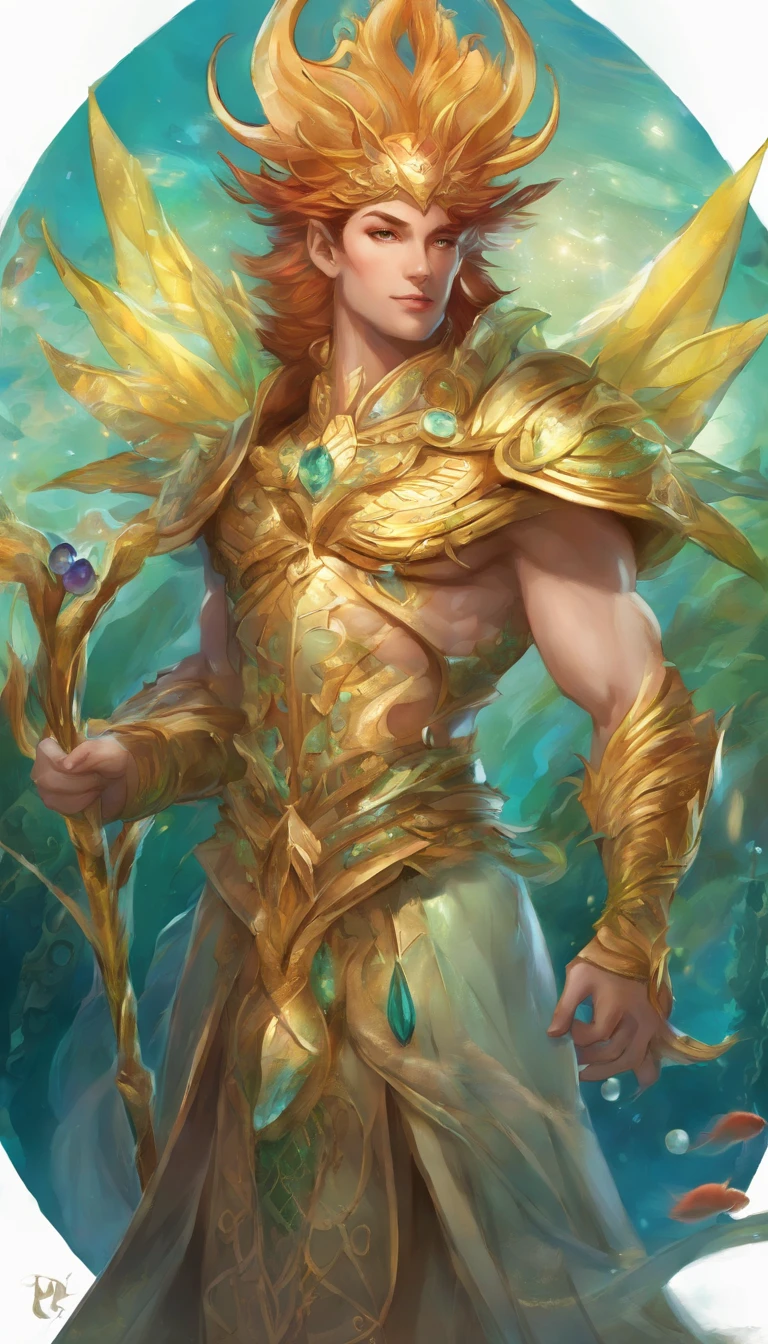 ((Mature male)), merfolk，((Solo)), ((The upper body is a human and the lower body is a fish))，The body of the fish replaces the legs，(((Wheat-colored skin)))，(Blue-green scales)，(Finned ears)，Slag，musculous，vast pecs，Broad shoulders，Thick-breasted，((Bare upper body))，Gold crotch，Huge crotch bulge，Smooth skin，Glowing skin，glowing light eyes，((tiara studded with gemstones))，brown  hair，short detailed hair，the god of the sea，(holding trident)，Majestic expression，High- sharpness，High picture quality，tmasterpiece，Movie lighting，Skin with a real texture，hyperrealistic photo，Fantasy style，((full bodyesbian，in a panoramic view))，Underwater shooting，Background with：ocean floor，Surrounded by colorful fish，colorful coral，Colorful background，intricately details，Rich background