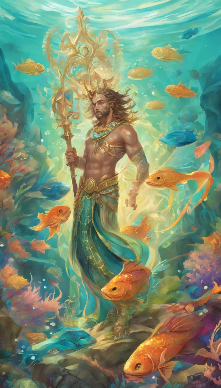 ((Mature male)), merfolk,((Solo)), ((The upper body is a human and the lower body is a fish)),The body of the fish replaces the legs,(((Wheat-colored skin))),(Blue-green scales),(Finned ears),Slag,musculous,vast pecs,Broad shoulders,Thick-breasted,((Bare upper body)),Gold crotch,Huge crotch bulge,Smooth skin,Glowing skin,glowing light eyes,((tiara studded with gemstones)),brown hair,short detailed hair,the god of the sea,(holding trident),Majestic expression,High- sharpness,High picture quality,tmasterpiece,Movie lighting,Skin with a real texture,hyperrealistic photo,Fantasy style,((full bodyesbian,in a panoramic view)),Underwater shooting,Background with:ocean floor,Surrounded by colorful fish,colorful coral,Colorful background,intricately details,Rich background