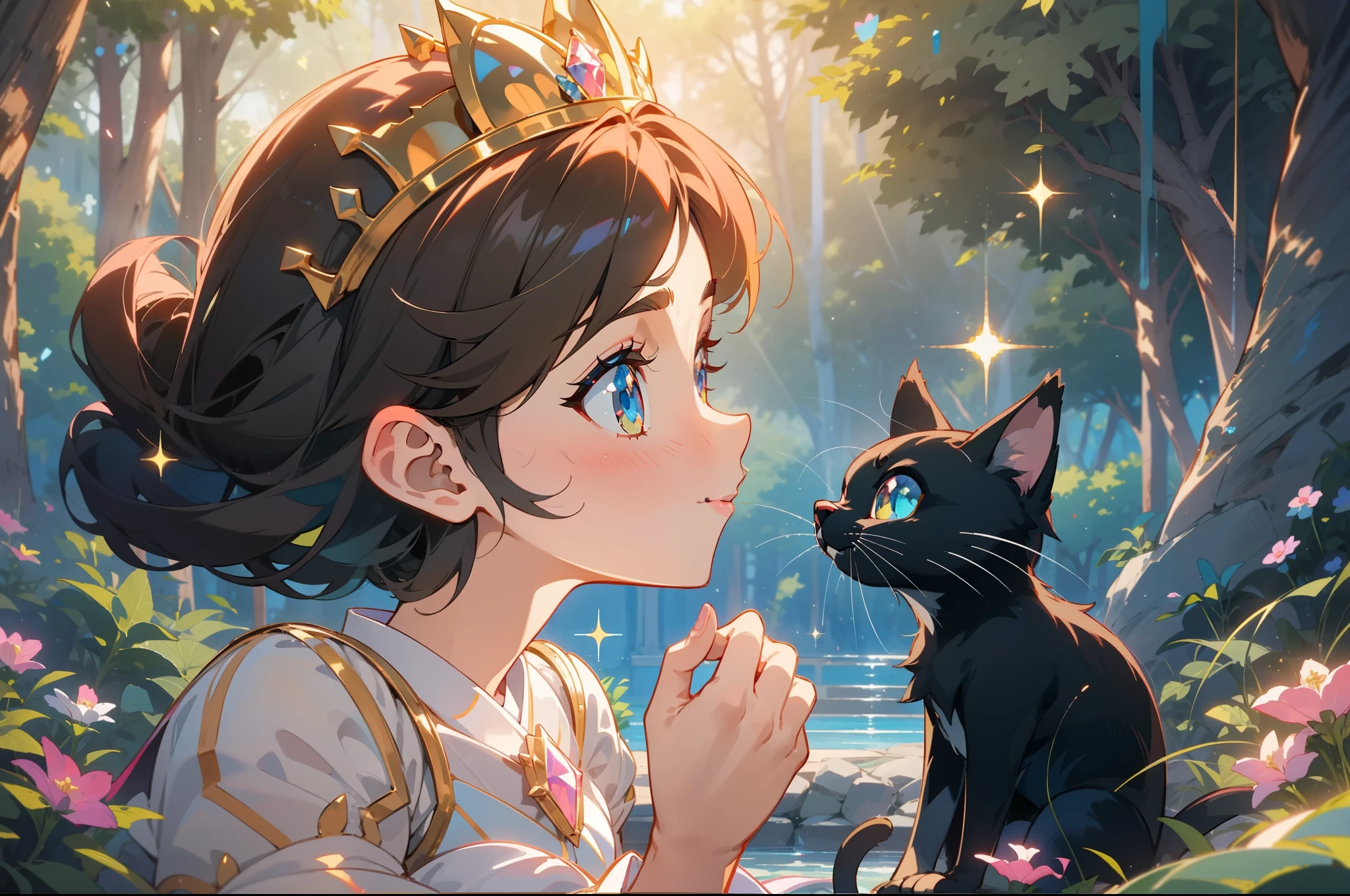 2010s anime , A girl , The princess looks at a small and cute cartoon black cat wearing a golden crown and a white pink dress , Gaze at each other , Stand in the crystal clear water of the forest , Sunny days , Tyndall effect , Lateral face , Close up , Close-up Shot Shot : : 3 , Clear , japanese manga , Fairy tale style , Bright shades , detail , Dream , Clear facial details , Dazzle , glitters , Ultra detail, super detail , Contour light , Animated illustration , High detail , 16k , Masterpiece , Best quality , Amazing , Fine details , ealistic , Ultra detailed , style of disney animation , animated movie scene , art in the style of disney , Iconic pop culture reference