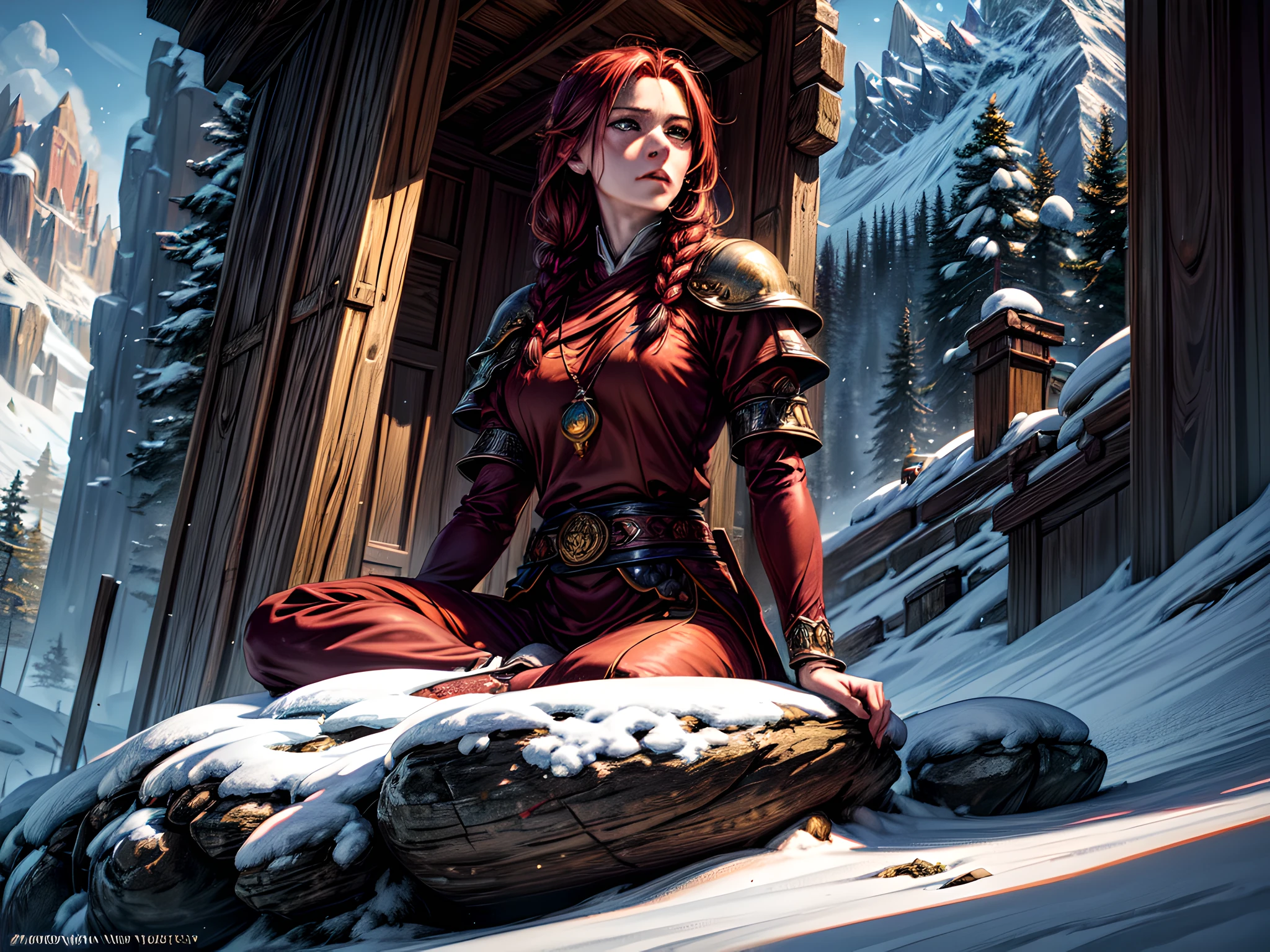 zrpgstyle fantasy art, photorealistic, D&D art, larry elmore style, a picture of a female monk sitting and meditating on a snowy mountain, on top of a snowy mountain there is a human woman monk wearing monk garbs, meditating near a bonfire on top of the snowy mountain, red hair, long hair, full body (best details, Masterpiece, best quality :1.5), ultra detailed face (best details, Masterpiece, best quality :1.5), ultra feminine (best details, Masterpiece, best quality :1.5), exquisite beautiful (best details, Masterpiece, best quality :1.5) red hair, long hair, braided hair, pale skin, blue eyes, intense eyes, ultra best realistic, best details, best quality, 16k, [ultra detailed], masterpiece, best quality, (extremely detailed), ultra wide shot, photorealism, depth of field, hyper realistic painting,