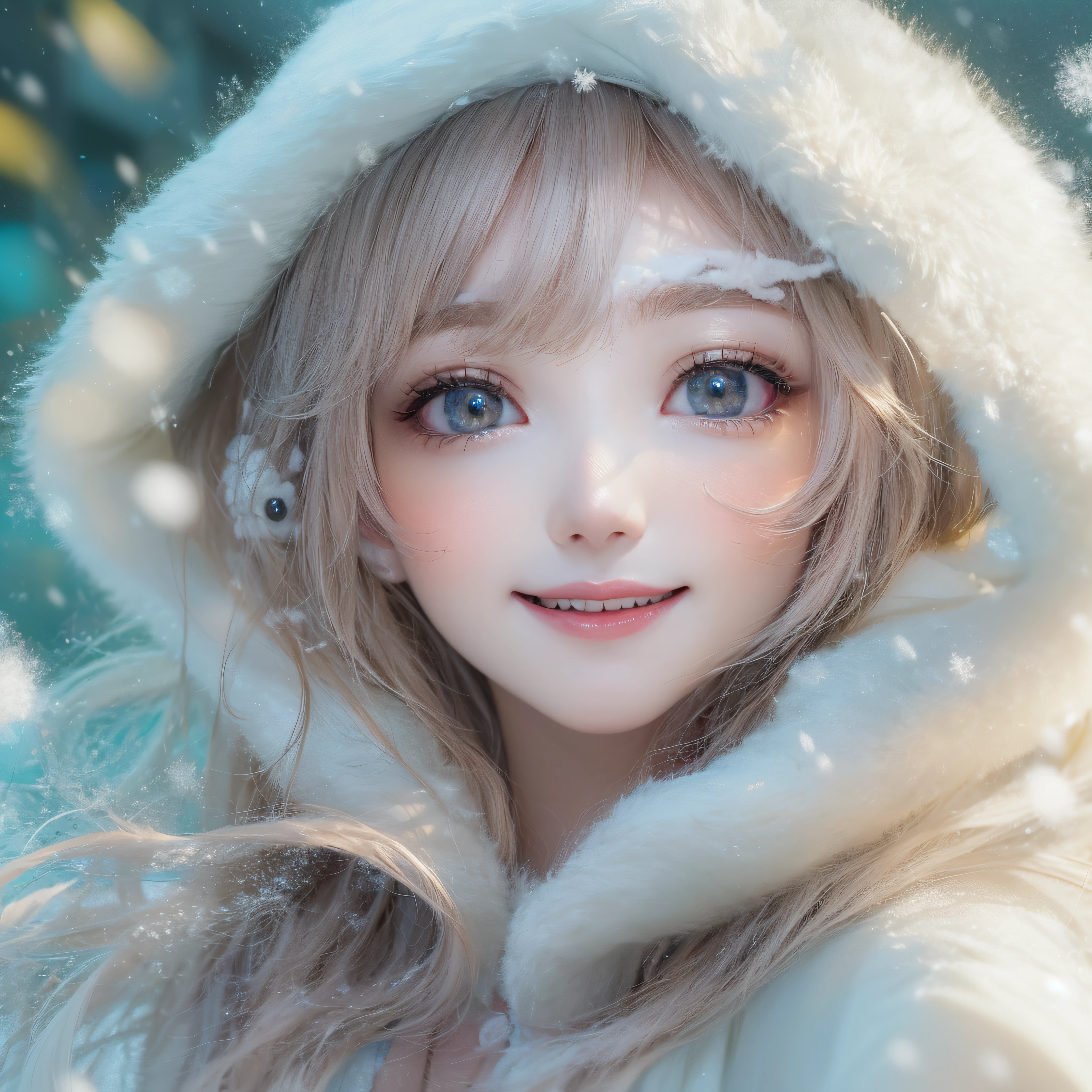 Close-up of laughing face、makeup、Glossy lips、Snow Fairy、Snow Girl、Snow Costume、Cosplay、(realisitic、hight resolution)、(1 girl in)、Snow Girl、Do-Up Eye、Korean Girl、(Best Quality), (masutepiece), (1girl in), Solo, a beauty girl, Perfect face, dreamlikeart、Highly detailed airbrush art((Surreal))、Volumetric lighting、(top-quality)、The ultra-detailliert、(The composition of the movement:1.4)、Highly detailed colorful details、(Bright lighting)、dynamic compositions、Ray traching、The mirror reflects light、Shallow depth of field、ultra-detailliert、mixing  exposure、nffsw、Her eyes are shining、Her face is full of anticipation and courage、A smile appears on the lips of a girl。 At the rear、snow mountains、snow mountains、snow mountains、