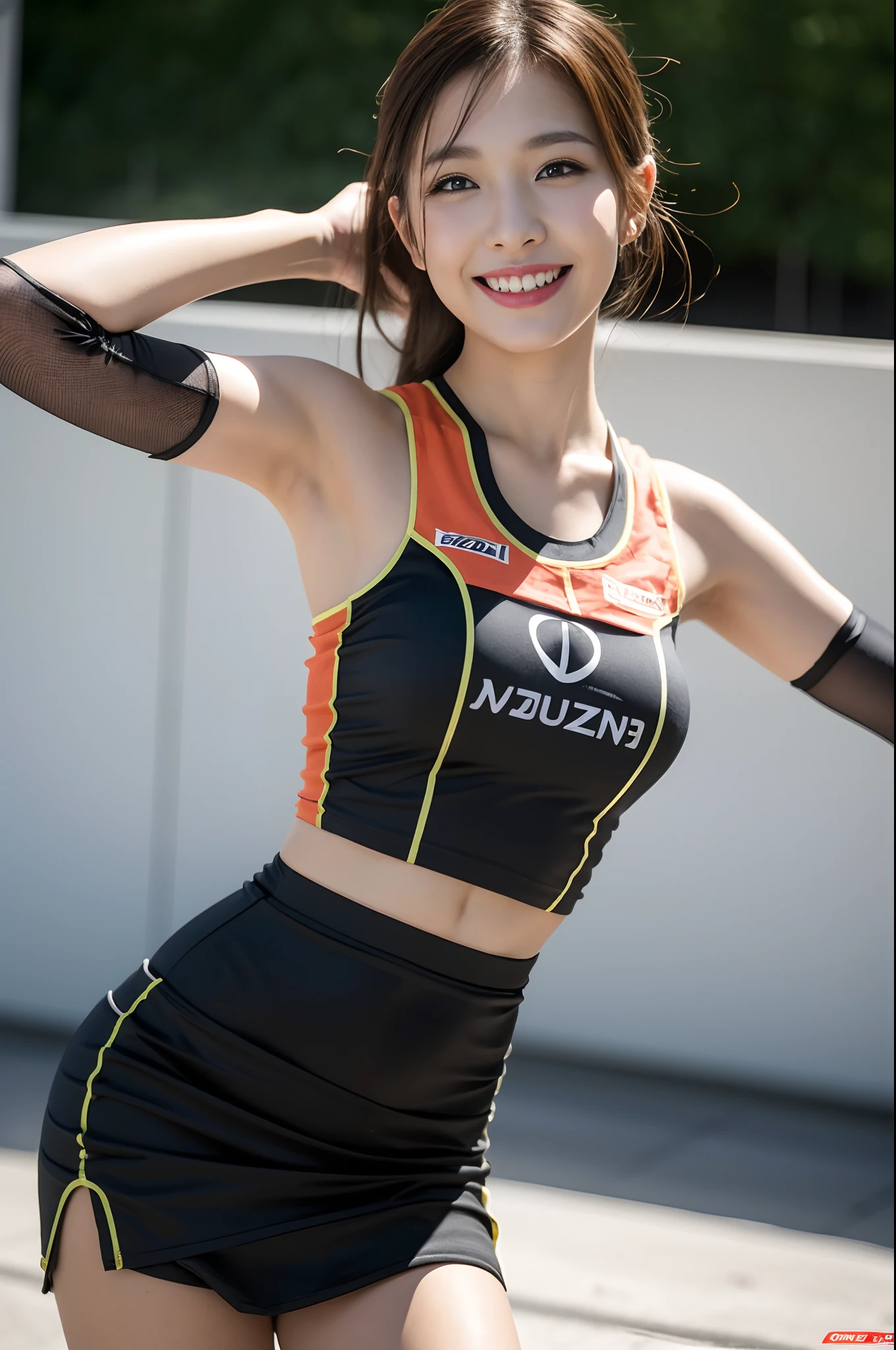 Beautiful photos of Suzuk1Air1_v2, masterpiece, Realistic, woman, detailed, 4K, Light, Raw color photography,(Completely in frame:1.1), whole body, (It gives me goosebumps:1.5),Asian,Idol,Smiling while wearing a white sleeveless sprint uniform, Short Hair, Twin tails, (detailedな、Transparent sportswear、I can see my belly button、Overexposure、Browsing Caution), Sheer Wear,