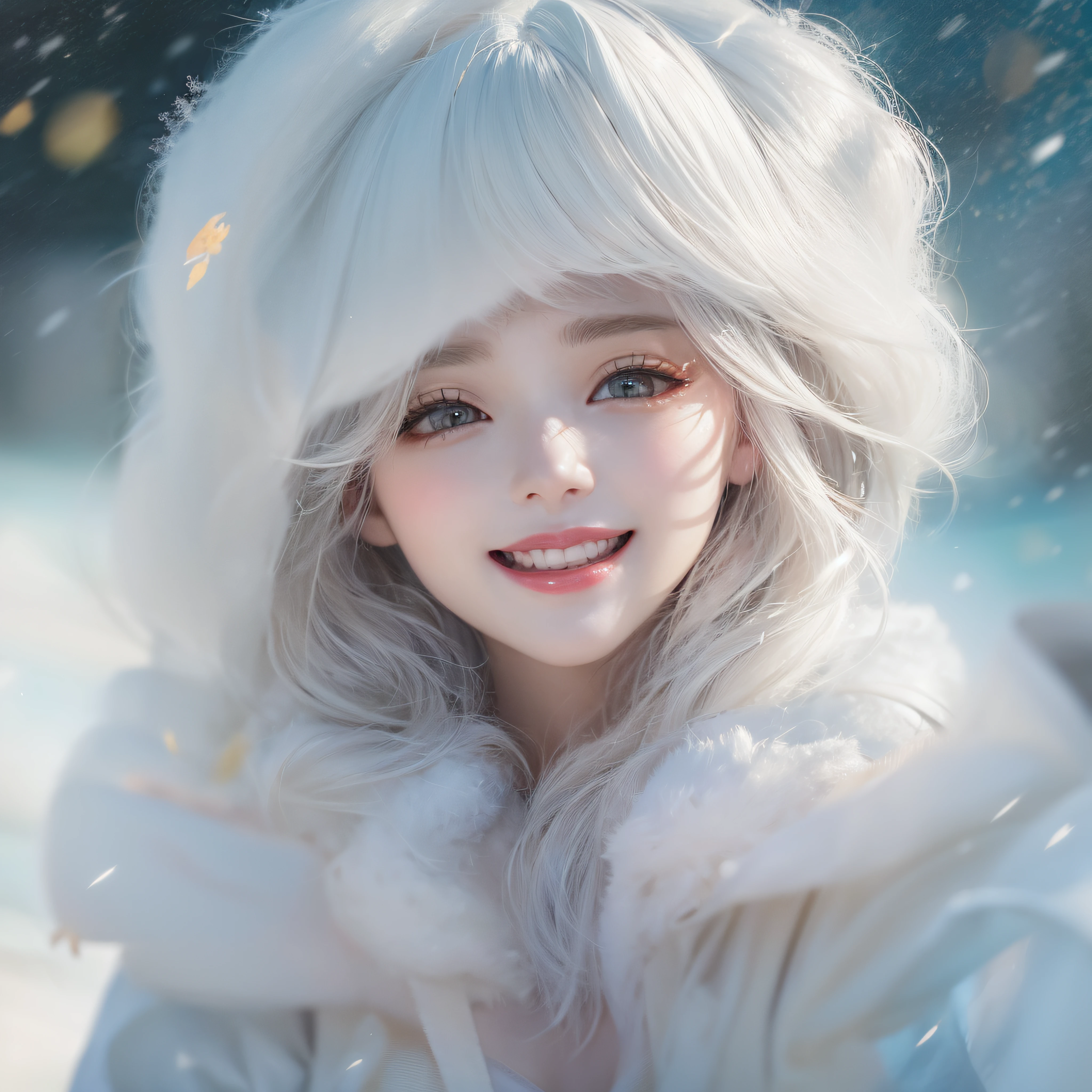 Close-up of laughing face、makeup、Glossy lips、Snow Fairy、Snow Girl、Snow Costume、Cosplay、(realisitic、hight resolution)、(1 girl in)、Snow Girl、Do-Up Eye、Korean Girl、(Best Quality), (masutepiece), (1girl in), Solo, a beauty girl, Perfect face, dreamlikeart、Highly detailed airbrush art((Surreal))、Volumetric lighting、(top-quality)、The ultra-detailliert、(The composition of the movement:1.4)、Highly detailed colorful details、(Bright lighting)、dynamic compositions、Ray traching、The mirror reflects light、Shallow depth of field、ultra-detailliert、mixing exposure、nffsw、Her eyes are shining、Her face is full of anticipation and courage、A smile appears on the lips of a girl。 At the rear、snow mountains、snow mountains、snow mountains、