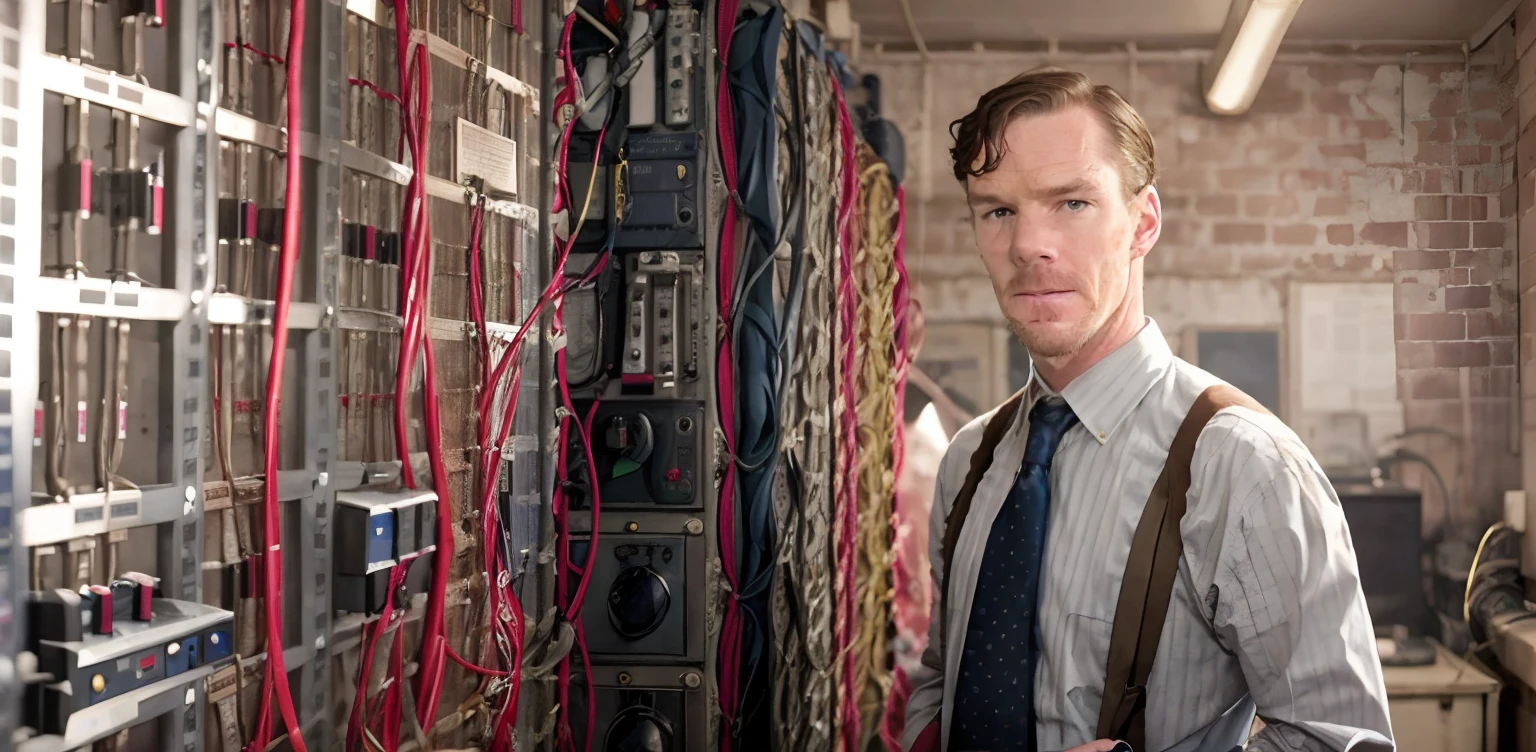 Homme en cravate debout devant un tas de fils, Benoît Cumberbatch, Alan Turing, Portrait de Benedict Cumberbatch, Film de 'Doctor Strange', Image du film de 'Doctor Strange', Portrait d’Alan Turing, Ordinateur ENIAC, Peaky Blinders (2018), Cables everywhere, biopic, Lots of cables and wiring