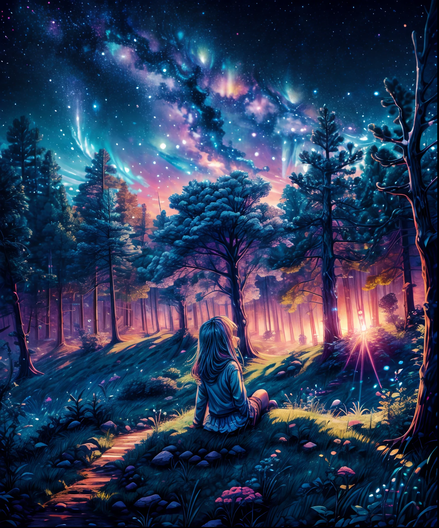 Describe a scene where a cute girl character is lying on a grassy hill, Looking up at the starry sky. Surround her with colorful nebulae and her favorite constellations.
