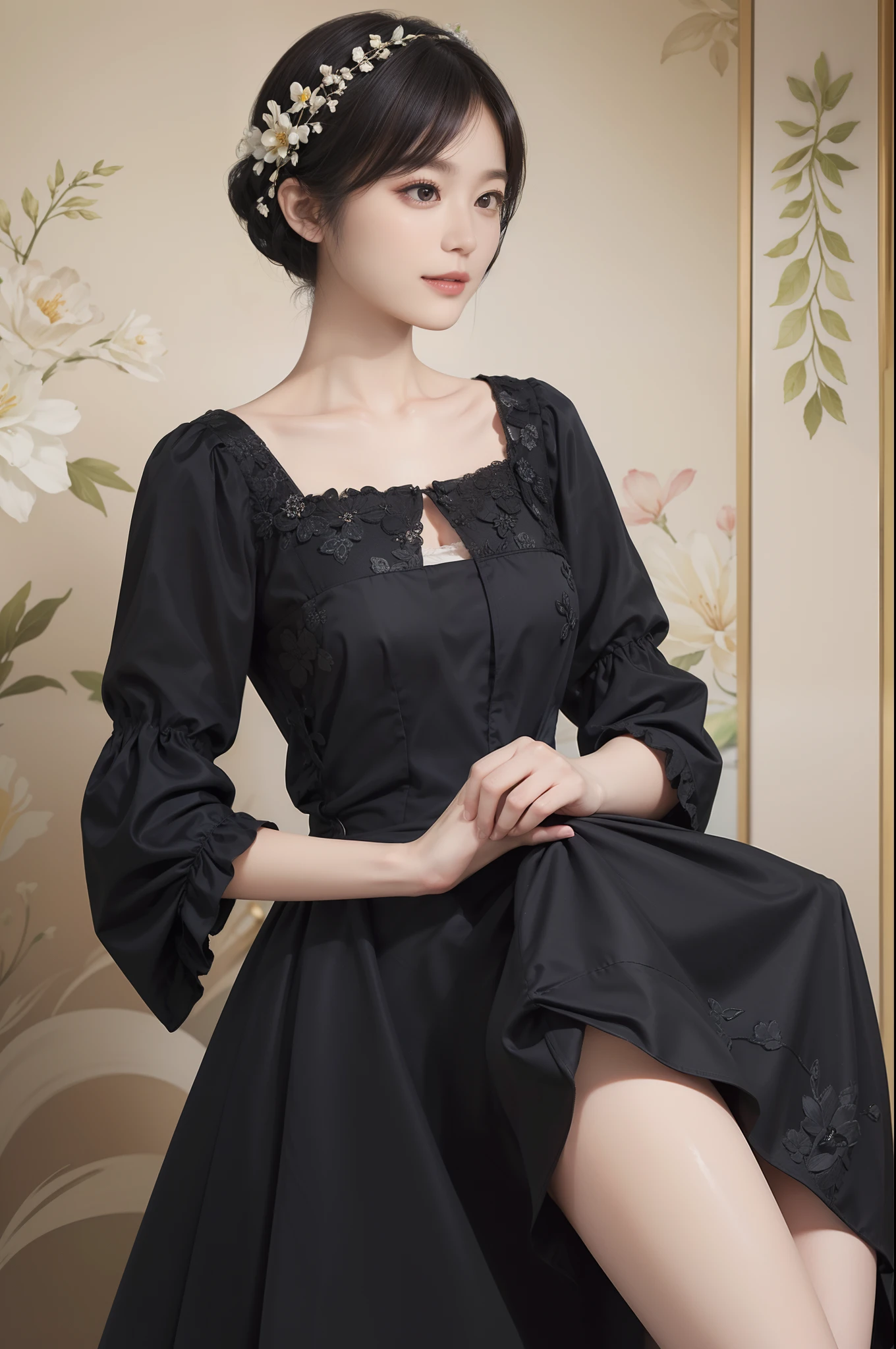 ((Best Quality))), (8K picture quality), ((masutepiece)), (Very sophisticated、Beautiful fece), (wearing dresses) , (1womanl), (Black Shorthair), Dress up, with floral pattern, Soft silk fabric, 电影灯光, Gentle expression, A slight smil, Luxurious interior