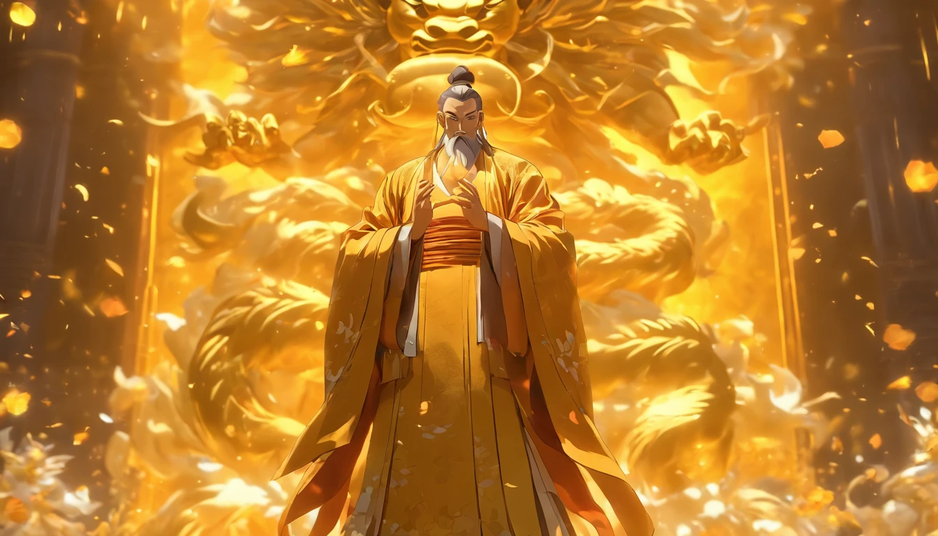 China-style,A Taoist priest stands in front of a huge transparent golden statue,Stretch your hands,Glow effects,8K,super-fine,tmasterpiece,high qulity