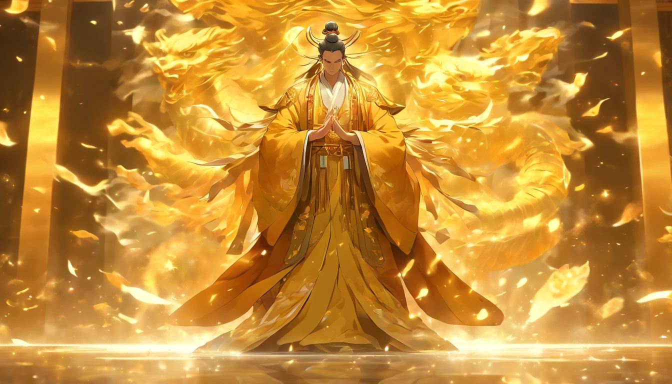 China-style,A Taoist priest stands in front of a huge transparent golden statue,Stretch your hands,Glow effects,8K,super-fine,tmasterpiece,high qulity
