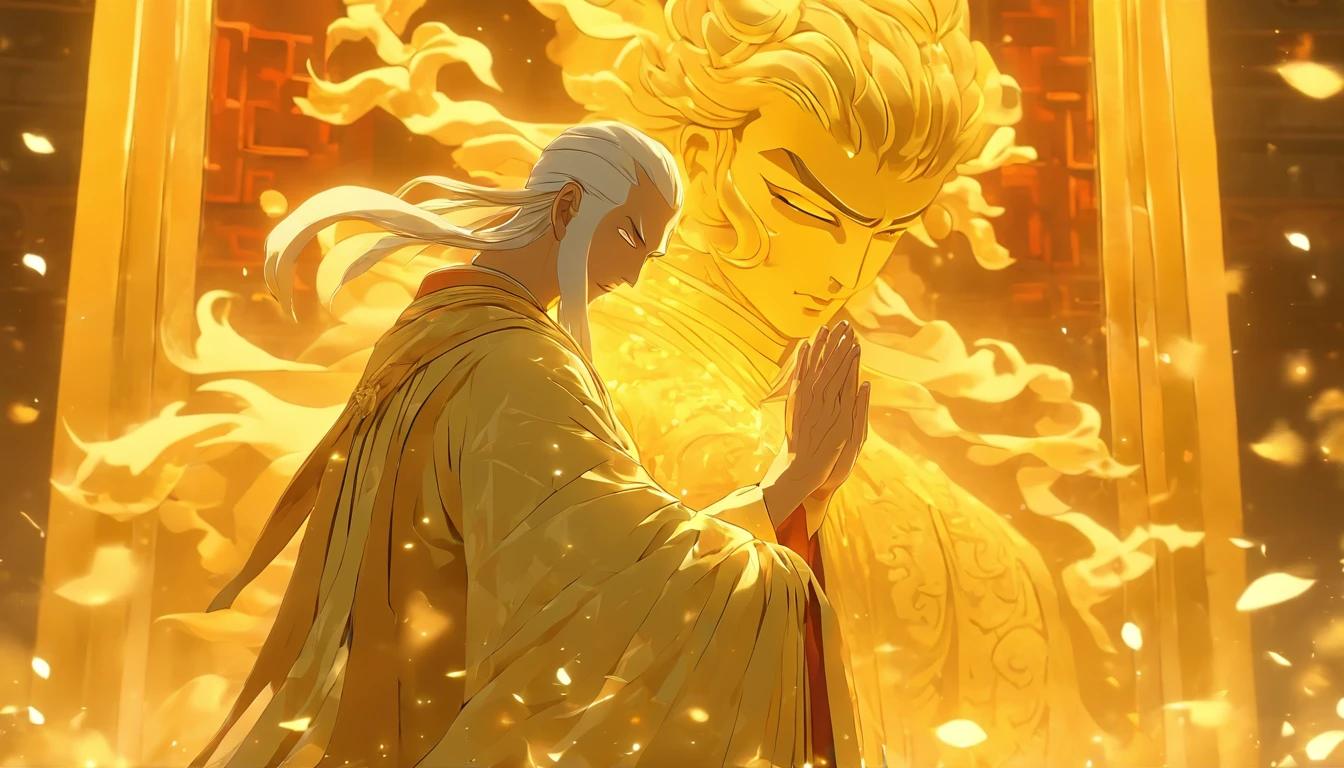 China-style，A Taoist priest stands in front of a huge transparent golden statue，Stretch your hands，Glow effects，8K，super-fine，tmasterpiece，high qulity