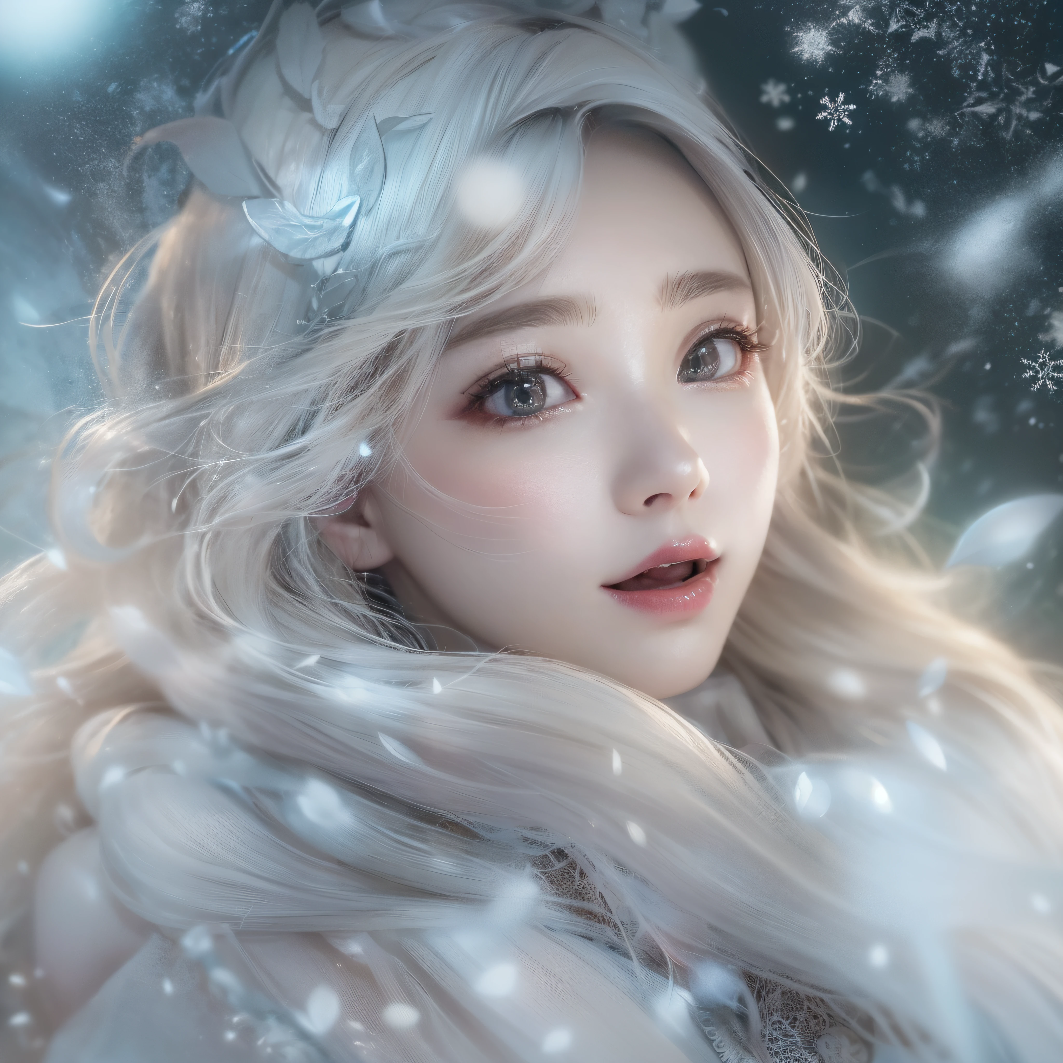 snowscape、Snow powder、Close-up of laughing face、Glossy lips、Shining eyes、Snow Girl、Snow Costume、Cosplay、(realisitic、hight resolution)、(1 girl in)、Snow Girl、Do-Up Eye、Korean Girl、(Best Quality), (masutepiece), (1girl in), Solo, a beauty girl, Perfect face, dreamlikeart、Highly detailed airbrush art((Surreal))、Volumetric lighting、(top-quality)、The ultra-detailliert、(The composition of the movement:1.4)、Highly detailed colorful details、(Bright lighting)、dynamic compositions、Ray traching、The mirror reflects light、Shallow depth of field、ultra-detailliert、mixing  exposure、nffsw、Her eyes shine with a deep pink color、Snow falling in the background、Snowy mountains are shining