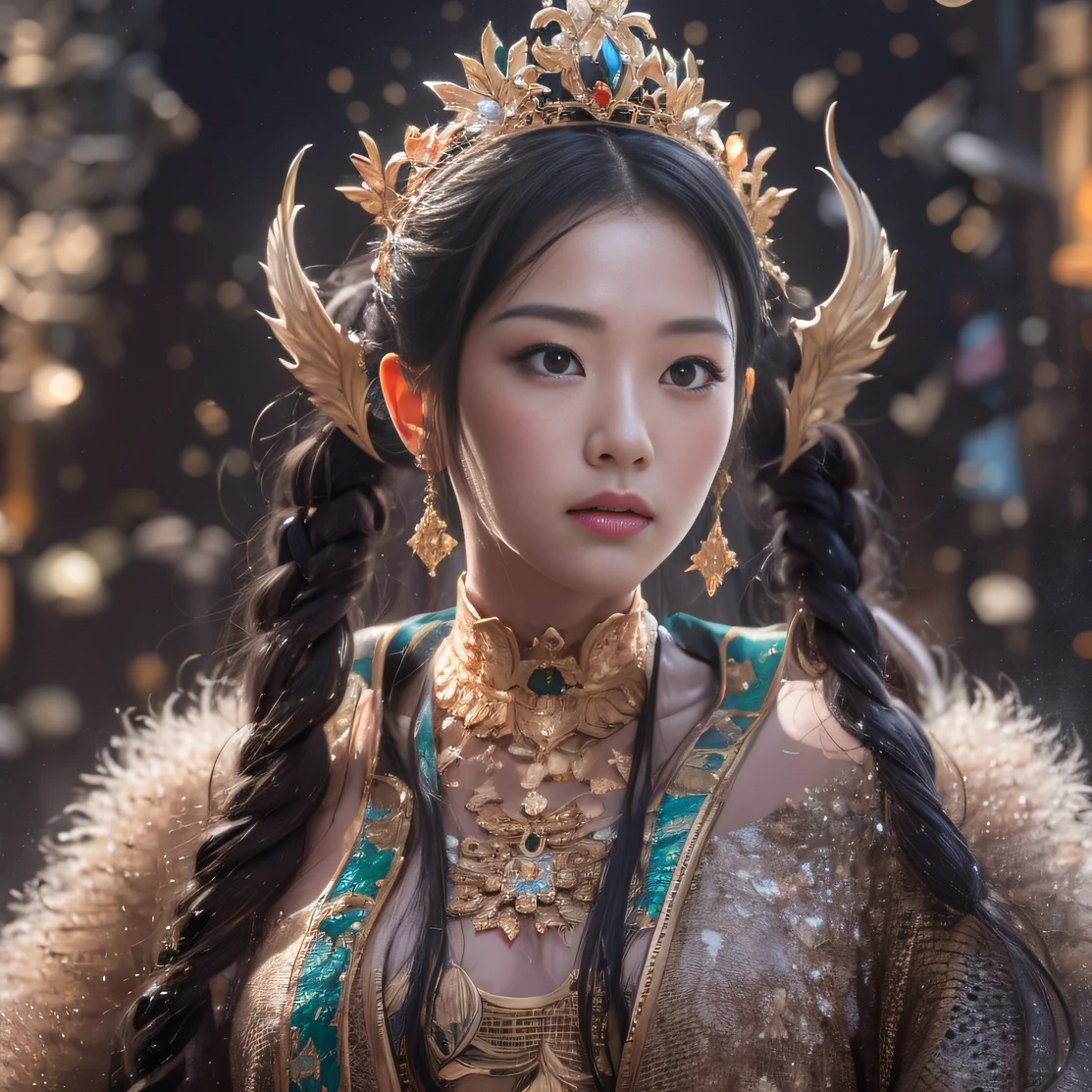 32K(tmasterpiece,k hd,hyper HD,32K)short detailed hair,Gold jewelry area in the back room,Flame Girl ,Yao Lang protector (realisticlying:1.4),Python pattern robe,Purple-pink tiara,Snowflakes fluttering,The background is pure,Hold your head high,Be proud,The nostrils look at people, A high resolution, the detail, RAW photogr, Sharp Re, Nikon D850 Film Stock Photo by Jefferies Lee 4 Kodak Portra 400 Camera F1.6 shots, Rich colors, ultra-realistic vivid textures, Dramatic lighting, Unreal Engine Art Station Trend, cinestir 800,Hold your head high,Be proud,The nostrils look at people