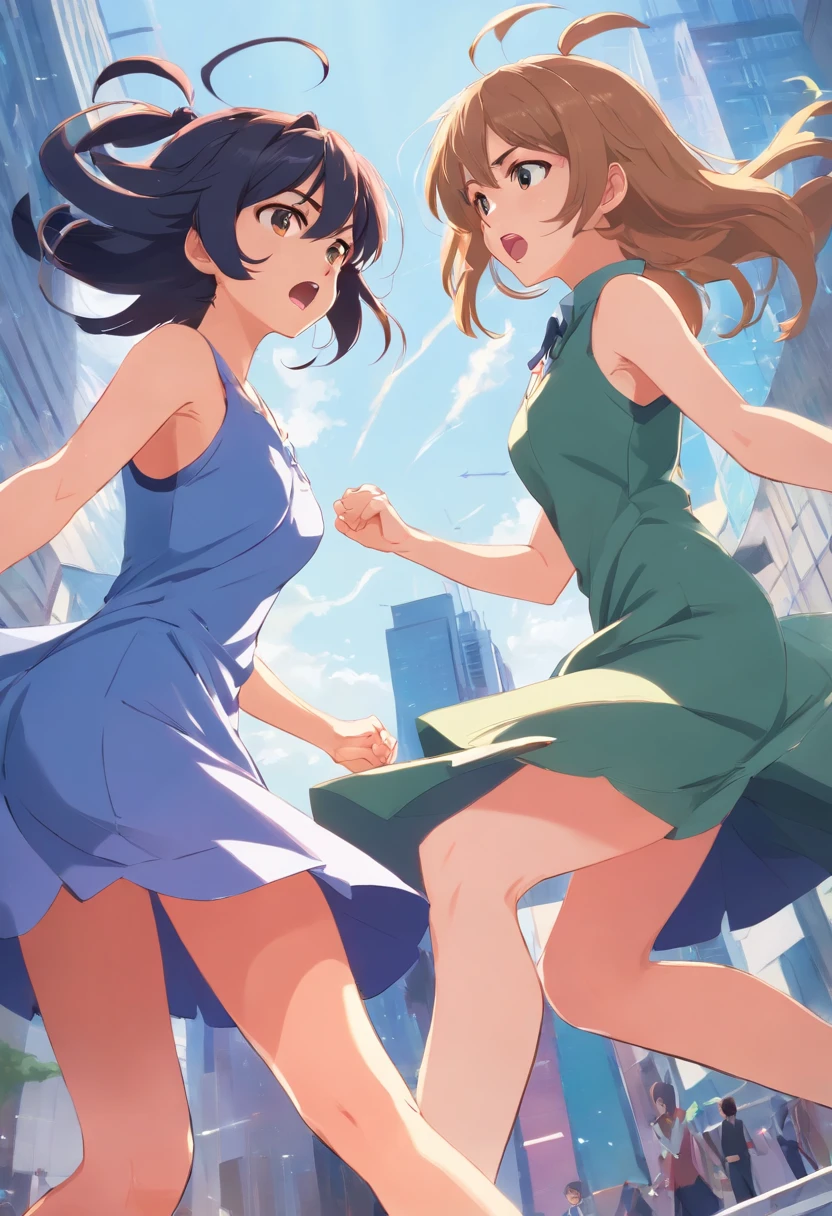 Catfight between angry skinny pretty women in dresses