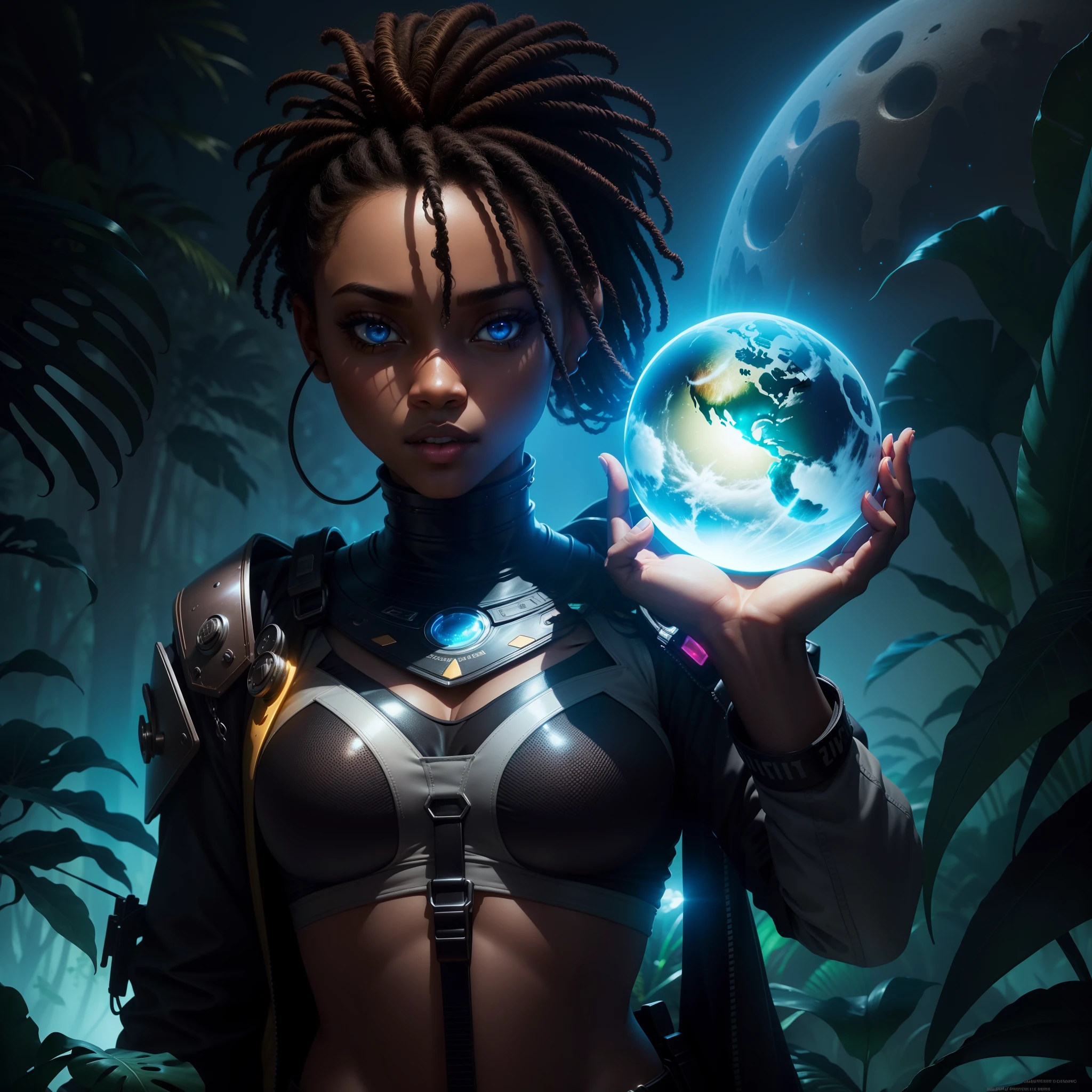 a close up of a beautiful black girl holding an African designed glowing object in their hands, jungle in the background, into the mirrorverse, enter the void, greg beeple, archillect concept art, lost in the void, blue moon in the sky shining blue light in the scene, with iridescent light, 32k, ultra HD, unreal engine rendered, cinematic lighting, artgerm style, bright and vibrant colours, photorealistic image