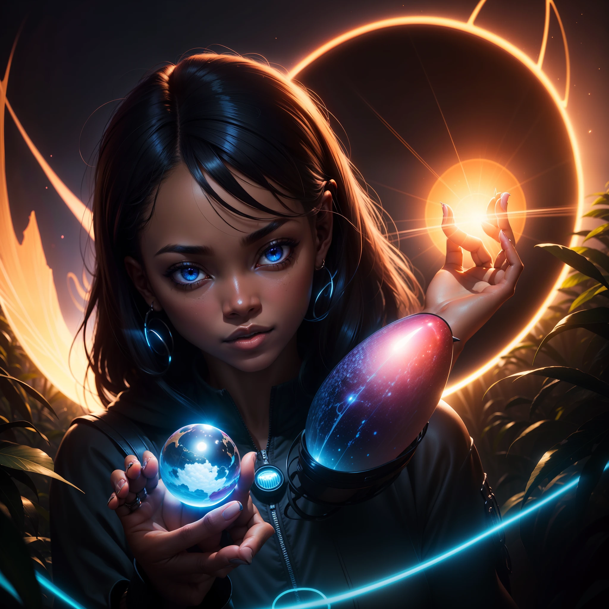 a close up of a beautiful black girl holding an African designed glowing object in their hands, jungle in the background, into the mirrorverse, enter the void, greg beeple, archillect concept art, lost in the void, blue moon in the sky shining blue light in the scene, with iridescent light, 32k, ultra HD, unreal engine rendered, cinematic lighting, artgerm style, bright and vibrant colours, photorealistic image