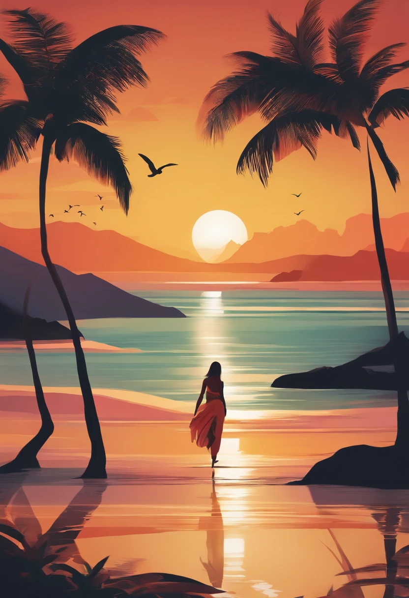 ambient lighting, soft glow, diffused shadows, atmospheric depth, tranquil mood, subtle gradients, peaceful ambiance, drama「Baywatch」Illustrations inspired by、Behind the back of a female lifesaver、Lifesaver woman in sunset、Running towards the sunset、Hair fluttering in the wind、Very big sunset、Rear view、silhuette、Scene running on the beach、Blonde glamorous lifesaver from Playmate、Wearing a lifesaver swimsuit、Sunset on the horizon、Big sunset、Sandy beach dyed by sunset、